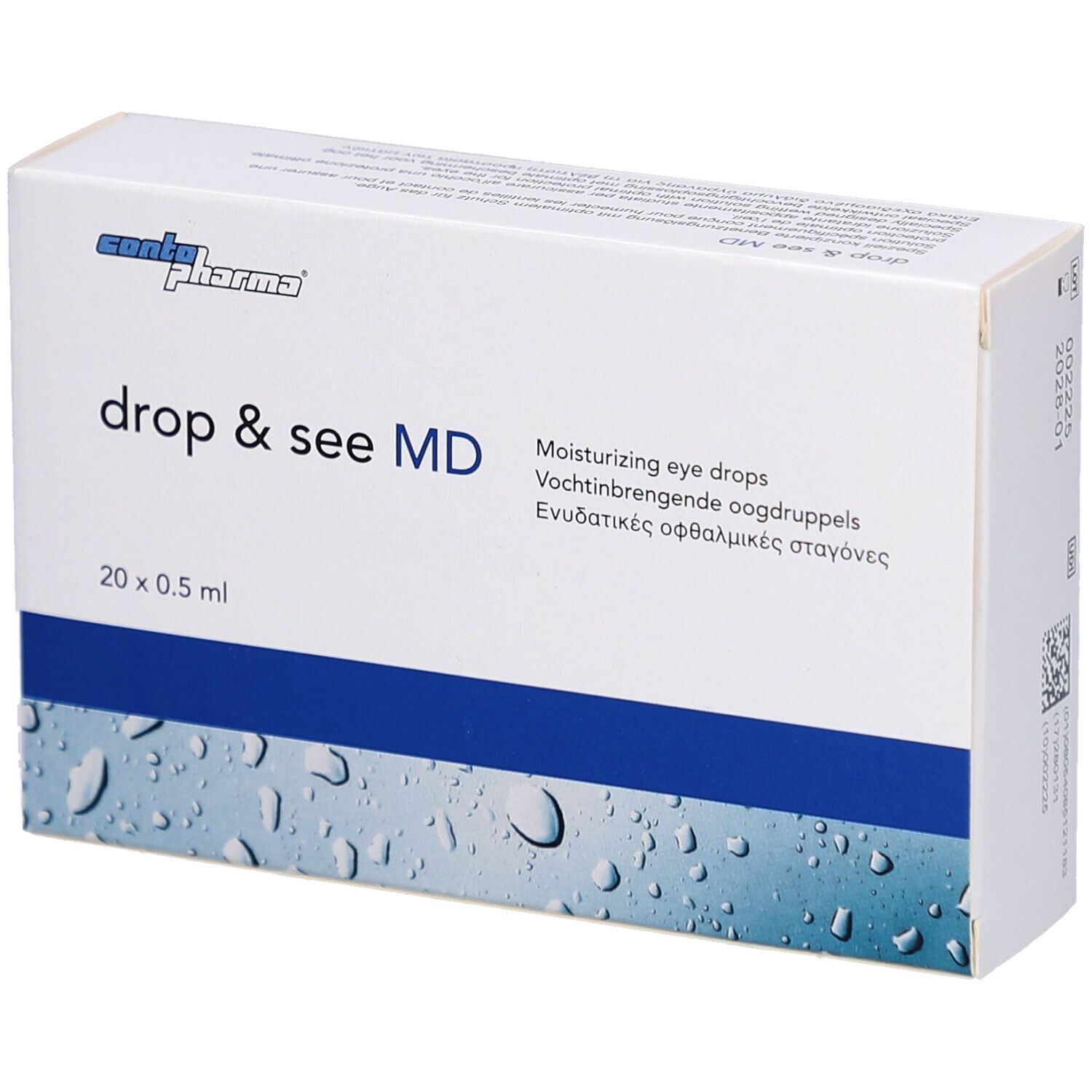 Boîte blanche avec ligne bleue et motif gouttes d'eau. Inscription: drop & see MD, 20 x 0,5 ml. Texte multilingue.