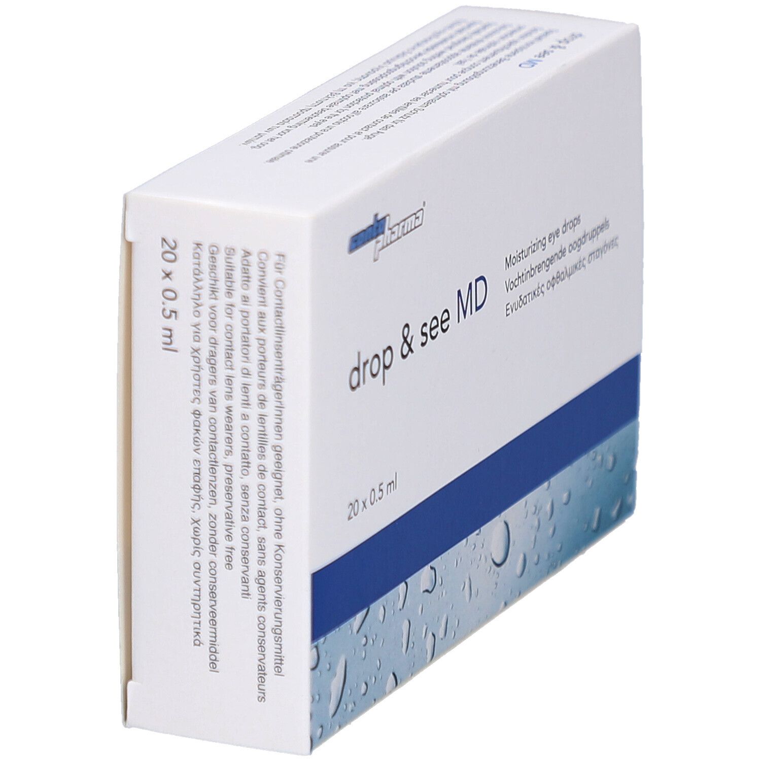 Boîte blanche, vue en biais. Inscription: drop & see MD, 20 x 0,5 ml. Texte multilingue. Pour porteurs de lentilles.