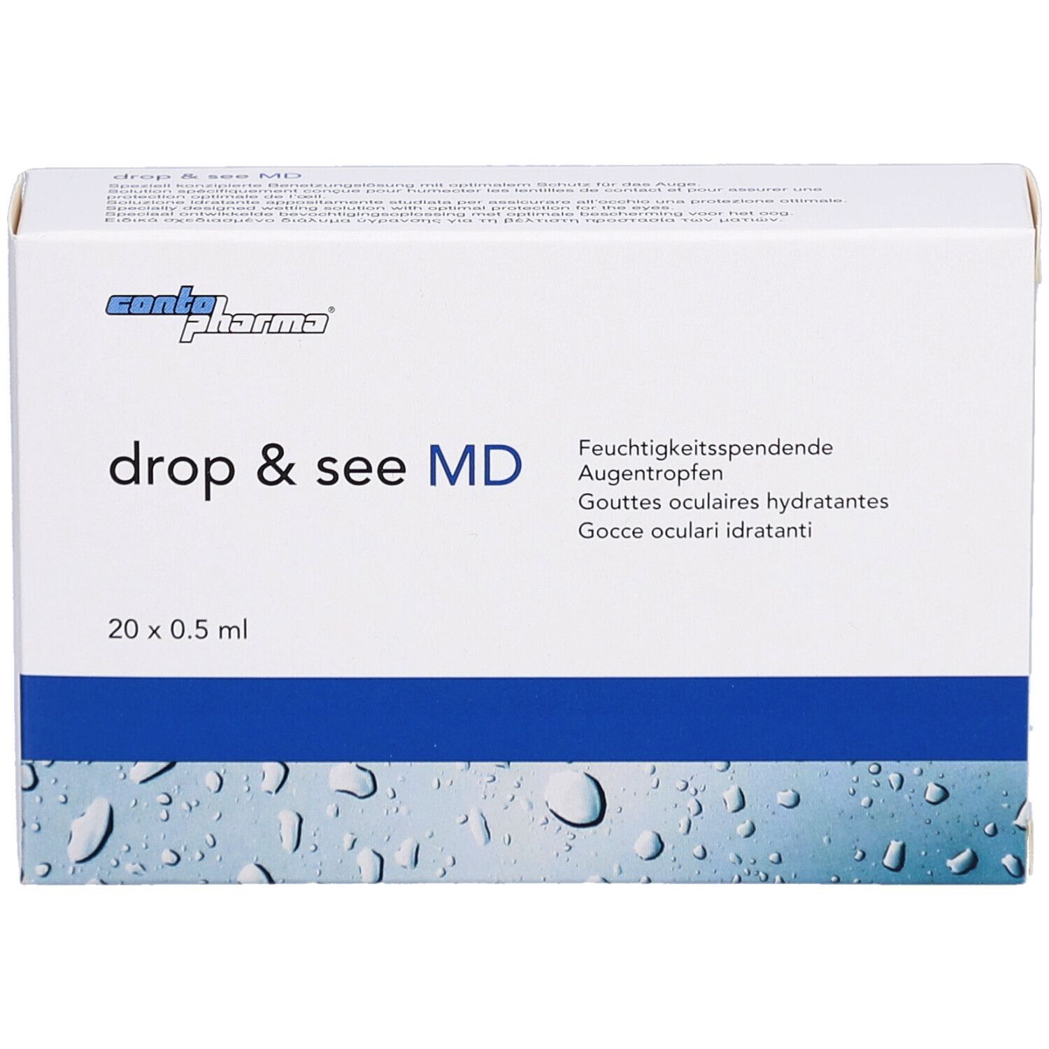 Boîte blanche avec ligne bleue et motif gouttes d'eau. Inscription: drop & see MD, 20 x 0,5 ml. Logo Contopharma.