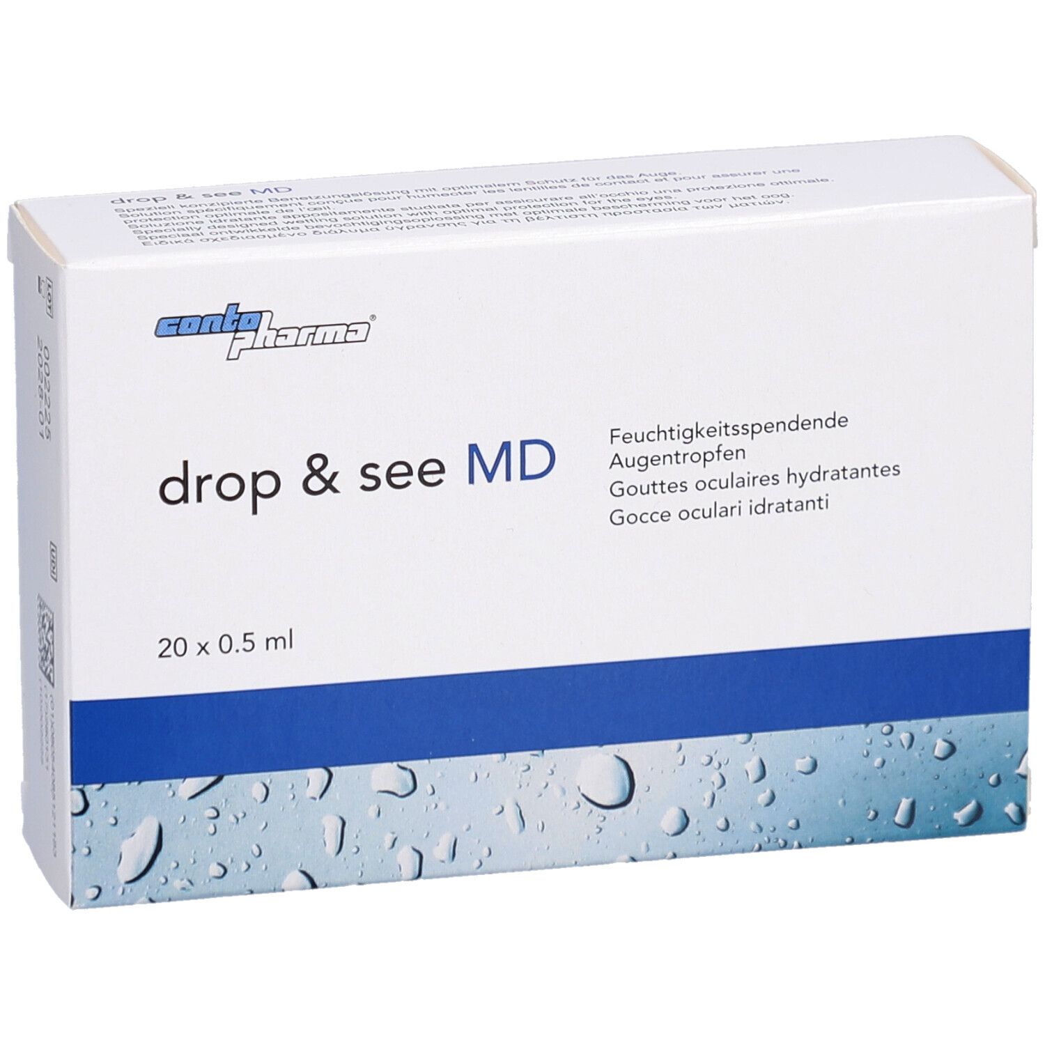 Boîte blanche avec ligne bleue et motif gouttes d'eau. Inscription: drop & see MD, 20 x 0,5 ml. Logo Contopharma.