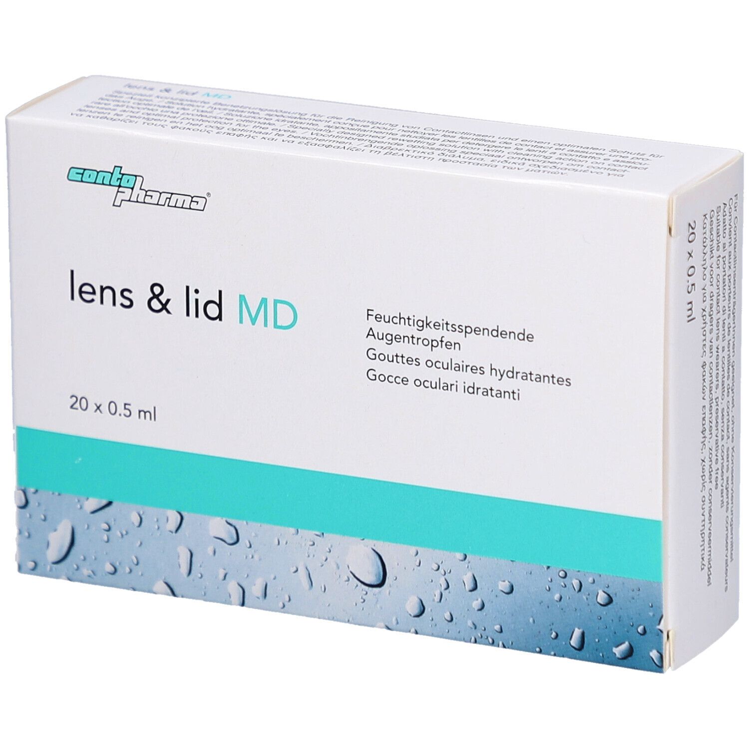 Boîte blanche avec logo "conta pharma" et nom du produit "lens & lid MD". Contient 20 x 0,5 ml. Texte en allemand, français, italien.