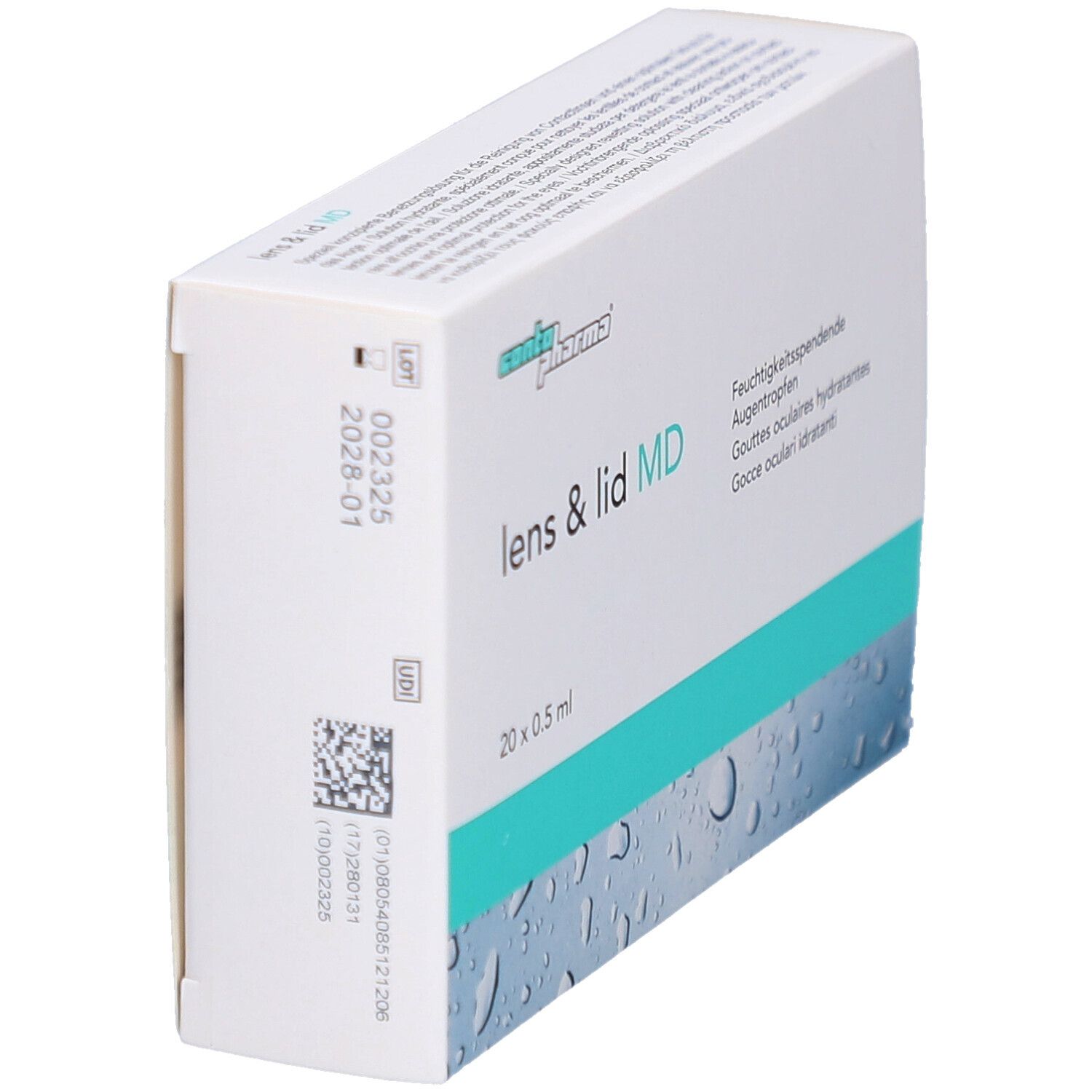 Emballage blanc incliné avec logo "conta pharma" et "lens & lid MD". Contient 20 x 0,5 ml. Design eau.