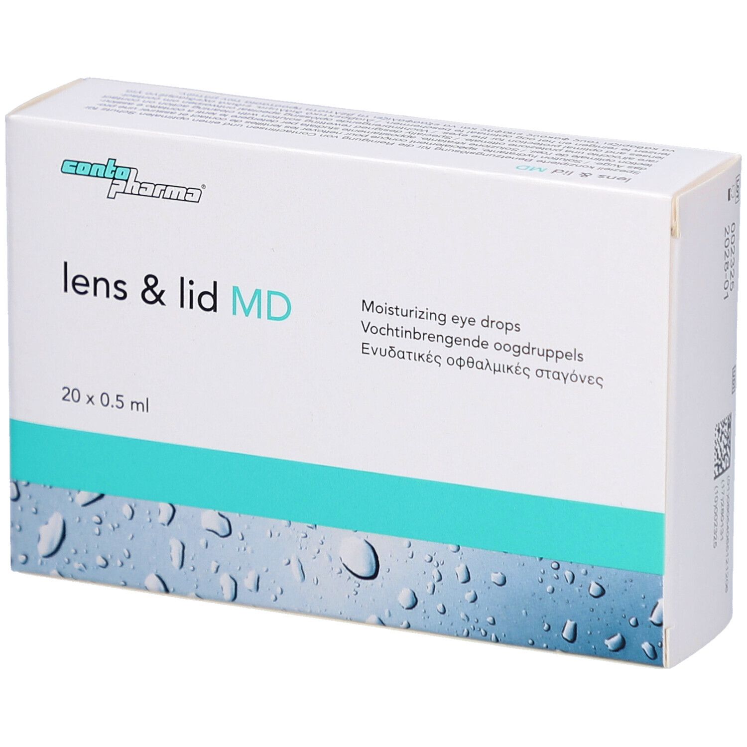 Emballage blanc avec logo "conta pharma" et "lens & lid MD". Contient 20 x 0,5 ml. Texte en anglais, allemand, néerlandais, grec.