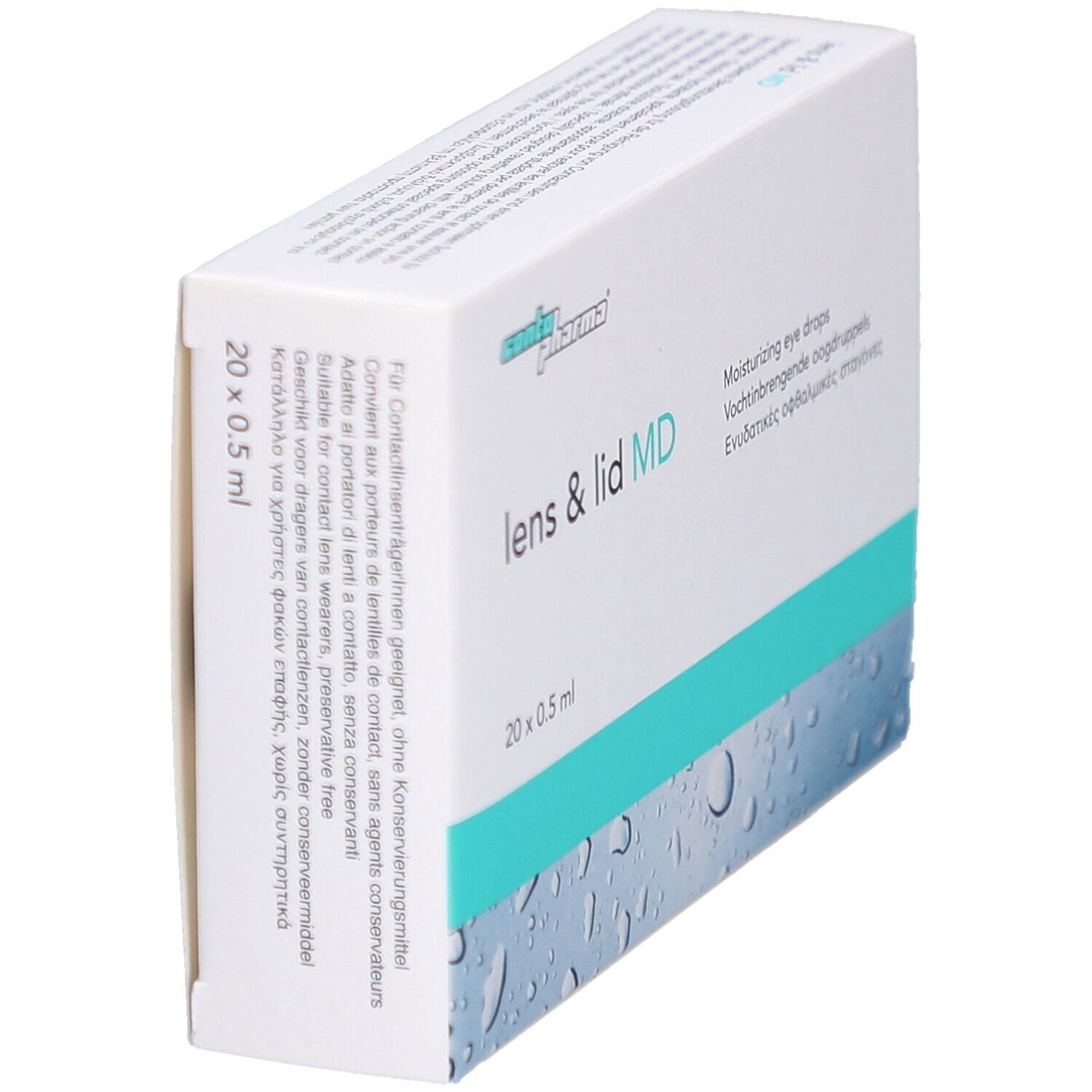 Emballage blanc incliné avec logo "conta pharma" et "lens & lid MD". Contient 20 x 0,5 ml. Texte en plusieurs langues.