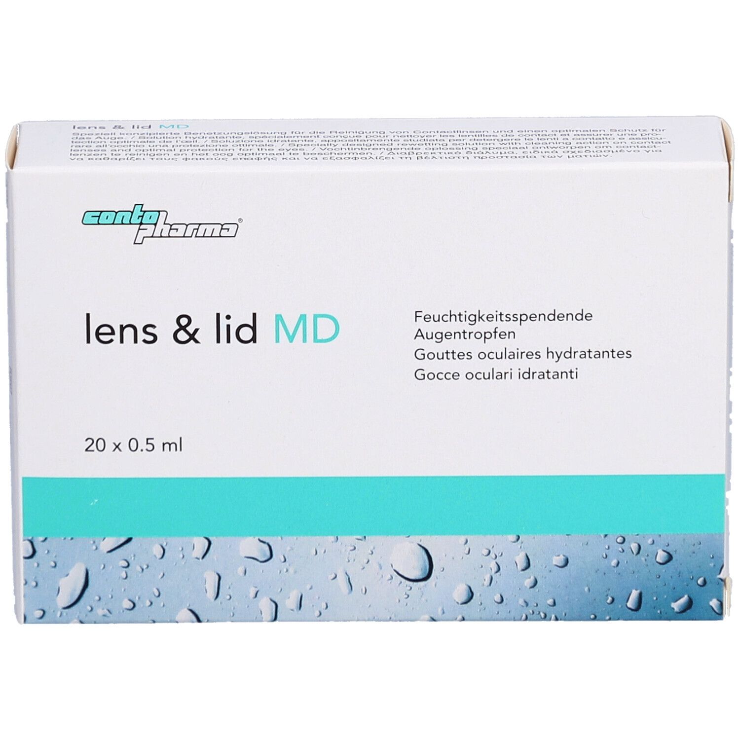 Emballage blanc avec logo "conta pharma" et "lens & lid MD". Contient 20 x 0,5 ml. Texte en allemand, français, italien.