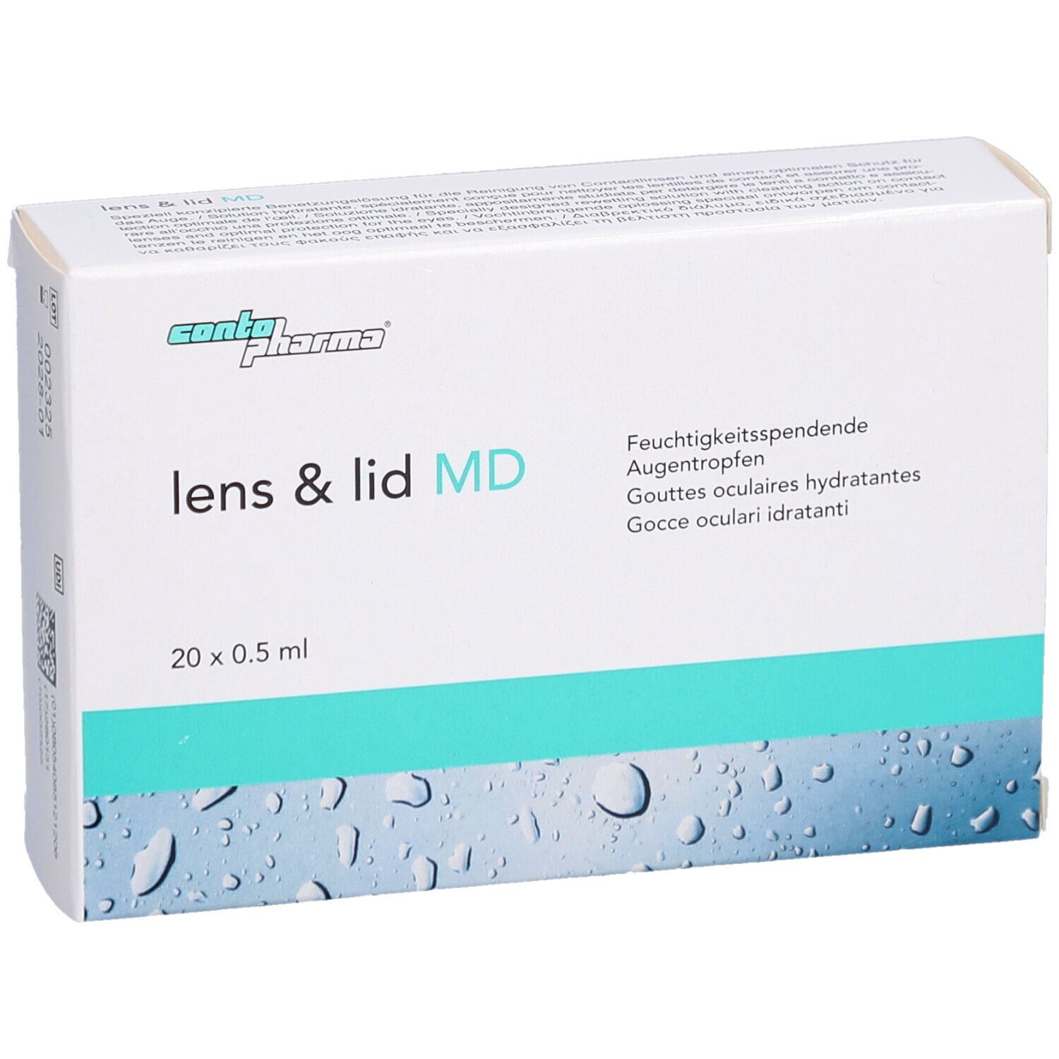 Emballage blanc avec logo "conta pharma" et "lens & lid MD". Contient 20 x 0,5 ml. Texte en allemand, français, italien.