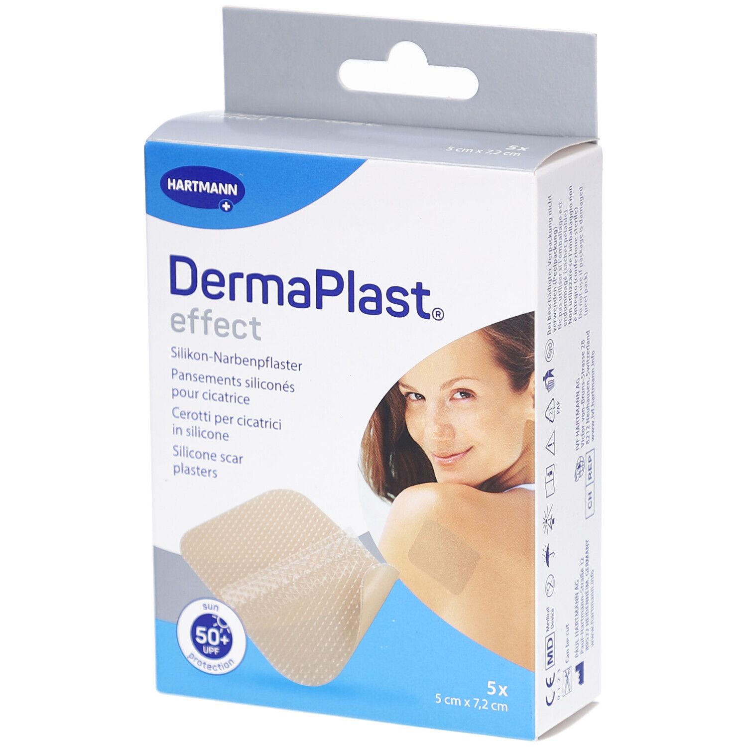 Verpackung von DermaPlast effect. Enthält Silikon-Narbenpflaster. Zeigt ein Pflaster und eine Frau.