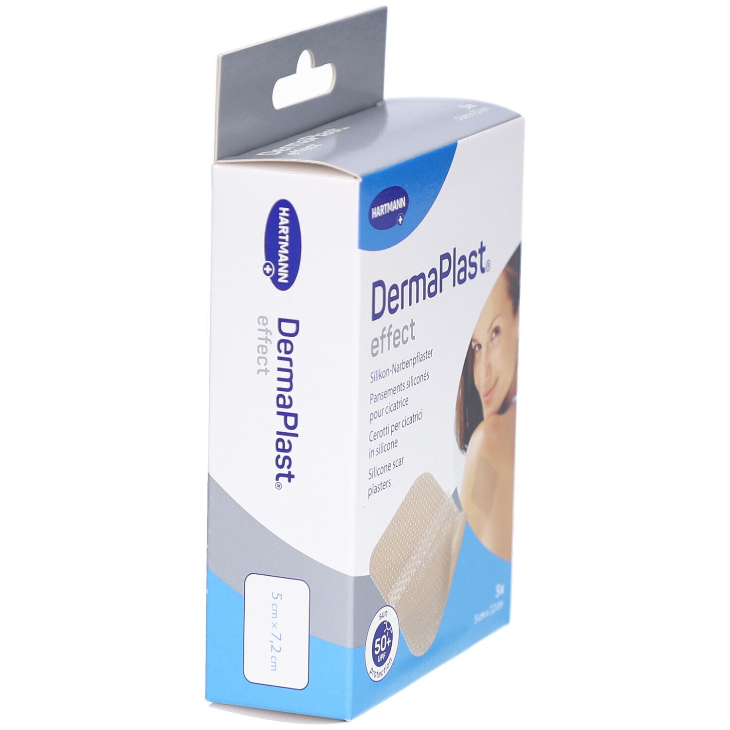 Seitenansicht der Verpackung von DermaPlast effect. Zeigt das Produkt und die Marke Hartmann.
