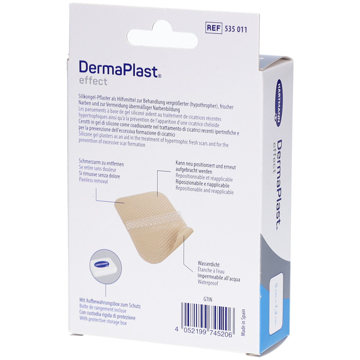 Rückseite der Verpackung von DermaPlast effect. Enthält Produktinformationen und ein Pflaster.