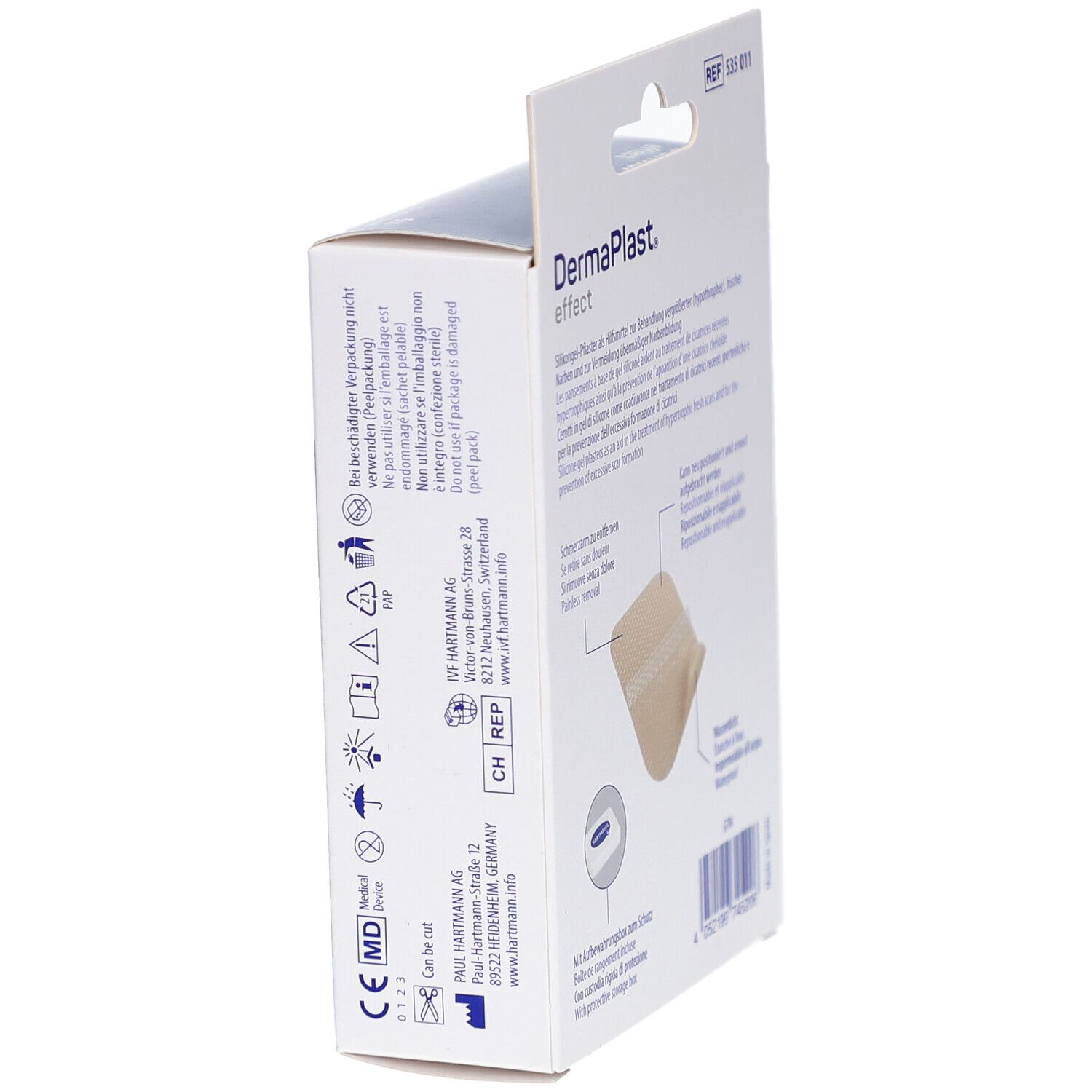 Seitenansicht der Verpackung von DermaPlast effect. Zeigt Produktinformationen und Logos.