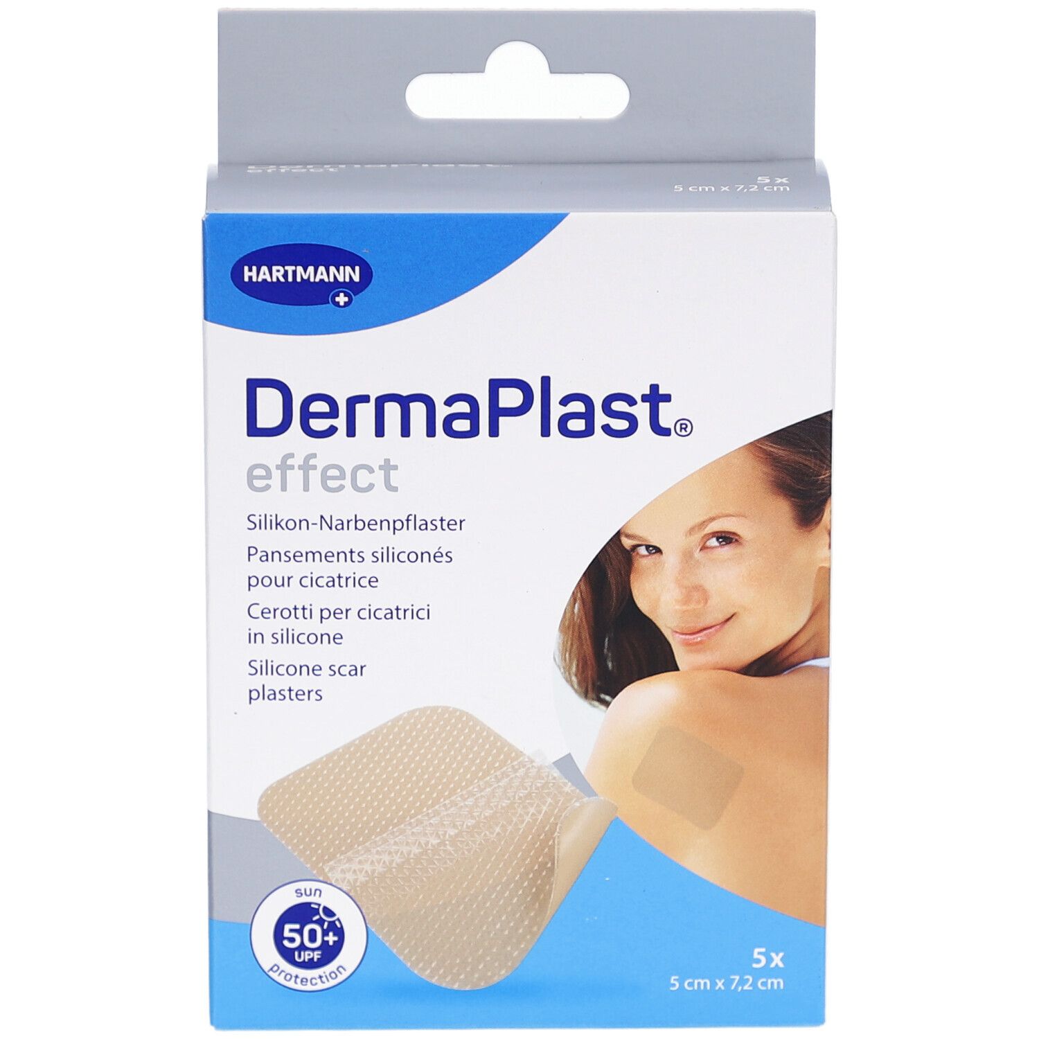 Verpackung von DermaPlast effect. Zeigt das Produkt, ein Pflaster und eine Frau.
