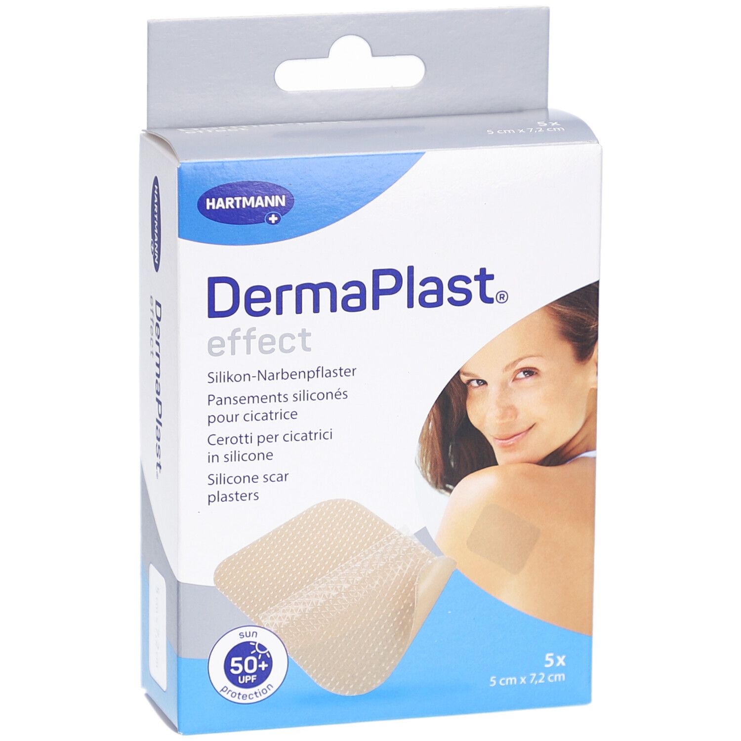 Verpackung von DermaPlast effect. Zeigt das Produkt, ein Pflaster und eine Frau.