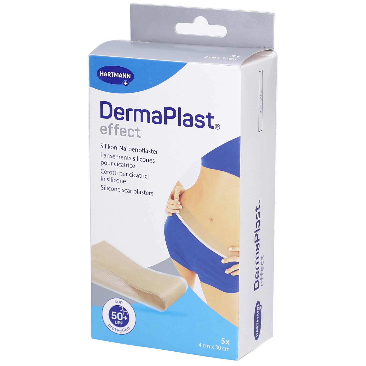 Verpackung von DermaPlast effect. Enthält Silikon-Narbenpflaster. Zeigt eine Frau mit Bauch. 5x 4 cm x 30 cm. Mit UV-Schutz.