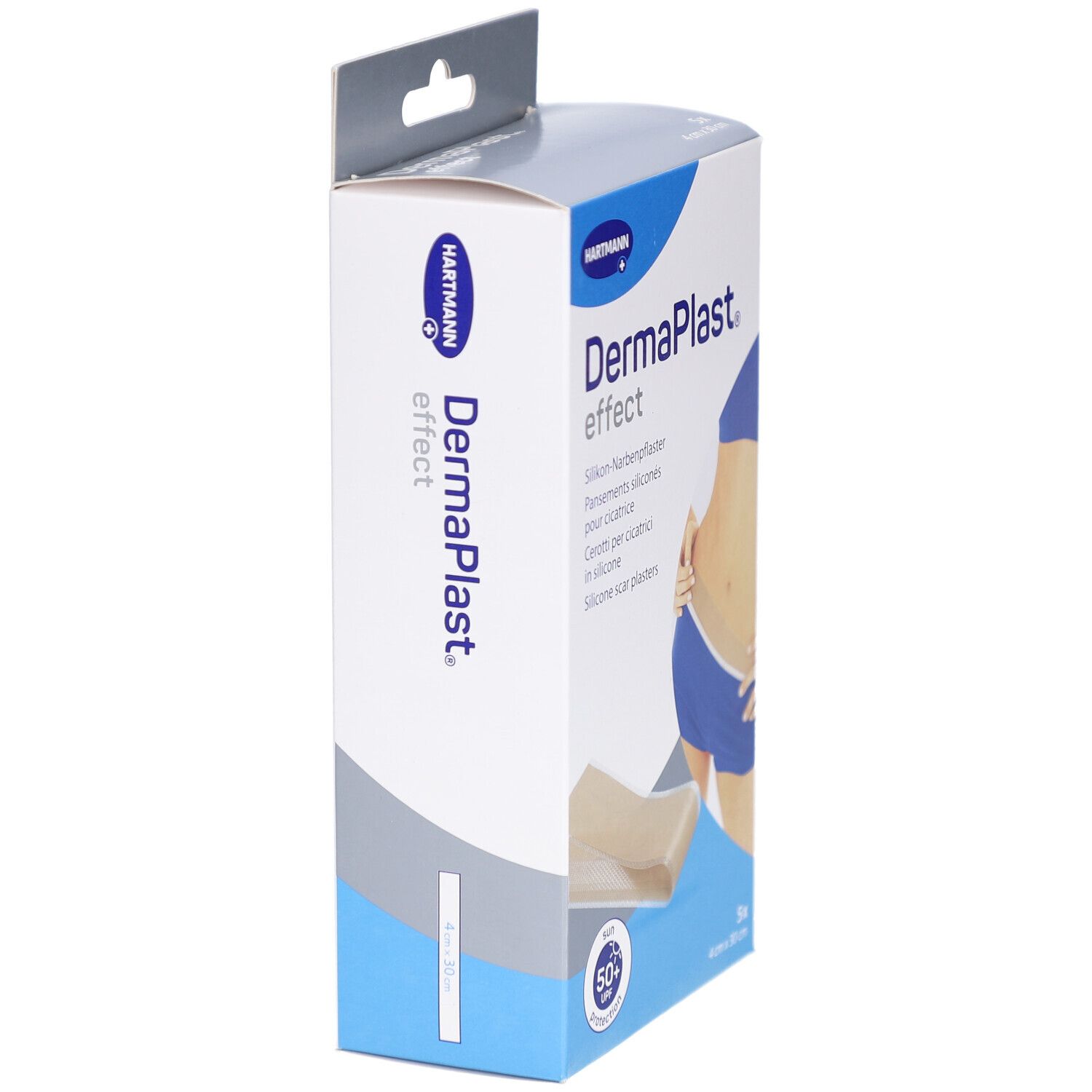 Seitenansicht der Verpackung von DermaPlast effect. Enthält Silikon-Narbenpflaster. Zeigt eine Frau mit Bauch. Marke Hartmann.