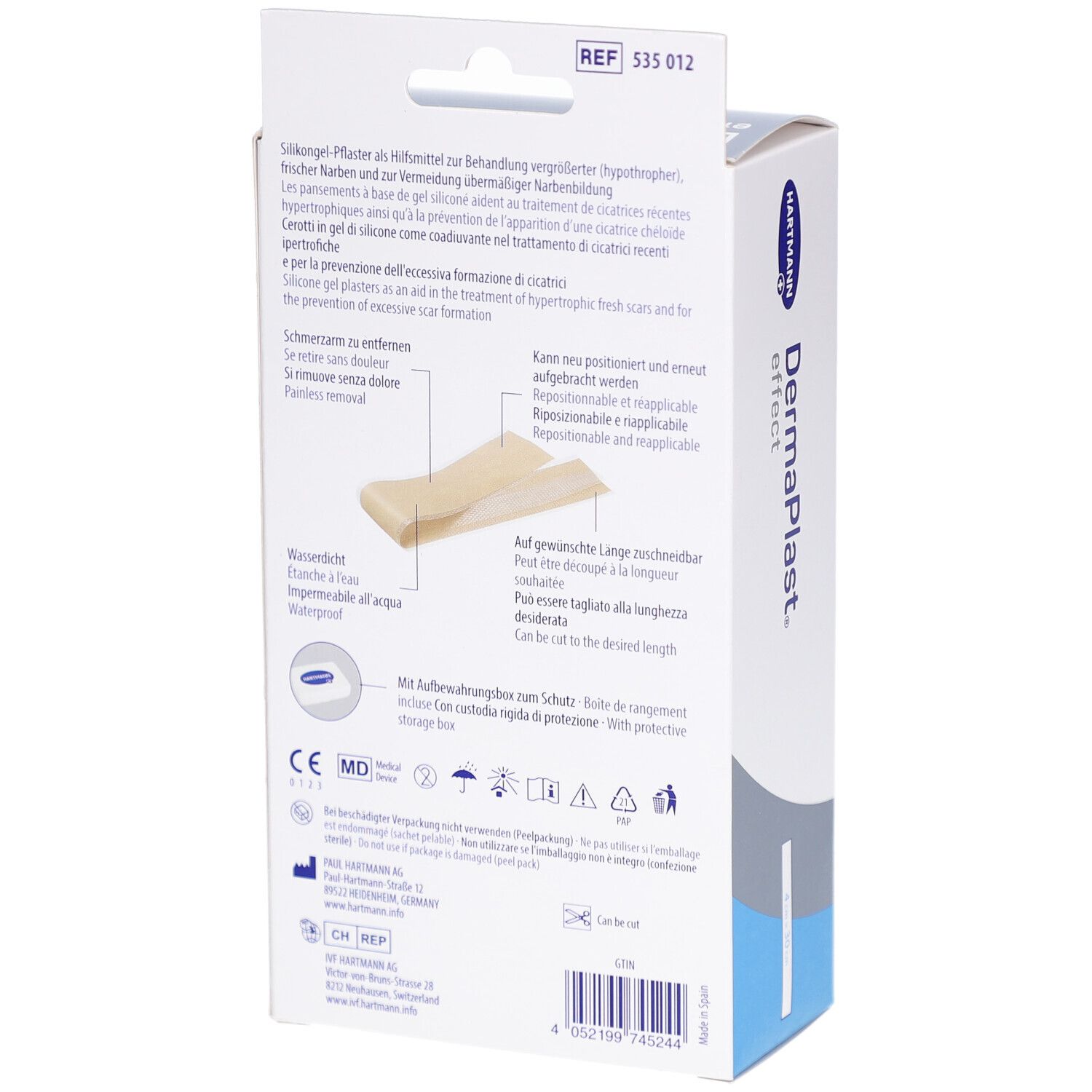 Rückseite der Verpackung von DermaPlast effect. Enthält Informationen zu Silikon-Narbenpflastern. Mit CE-Kennzeichnung.