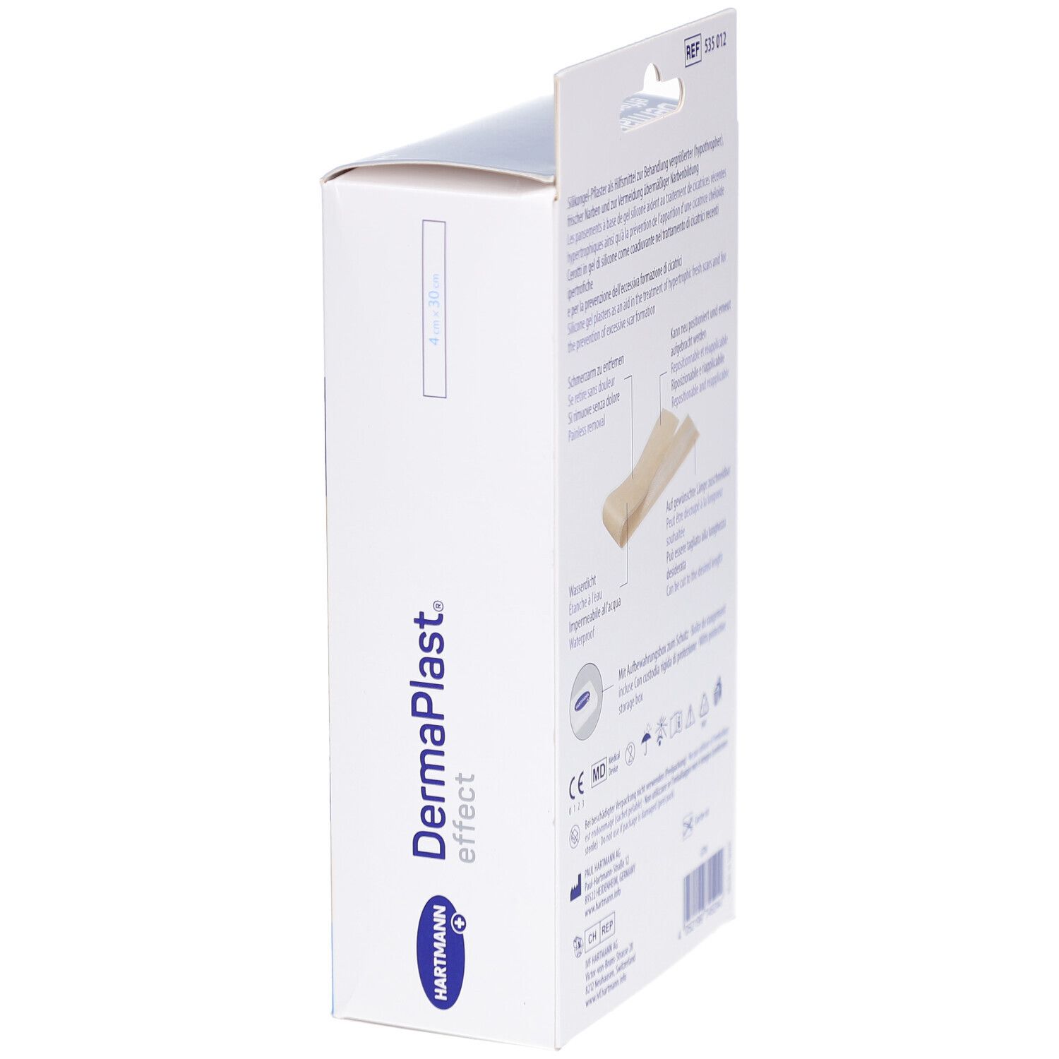 Seitenansicht der Verpackung von DermaPlast effect. Enthält Informationen zu Silikon-Narbenpflastern. Marke Hartmann.