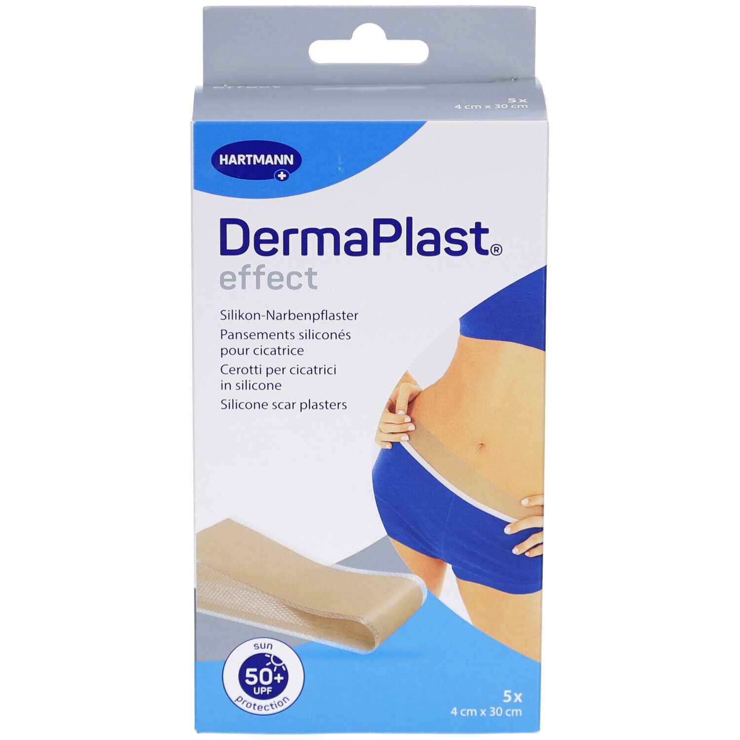 Verpackung von DermaPlast effect. Enthält Silikon-Narbenpflaster. Zeigt eine Frau mit Bauch. 5x 4 cm x 30 cm. Mit UV-Schutz.