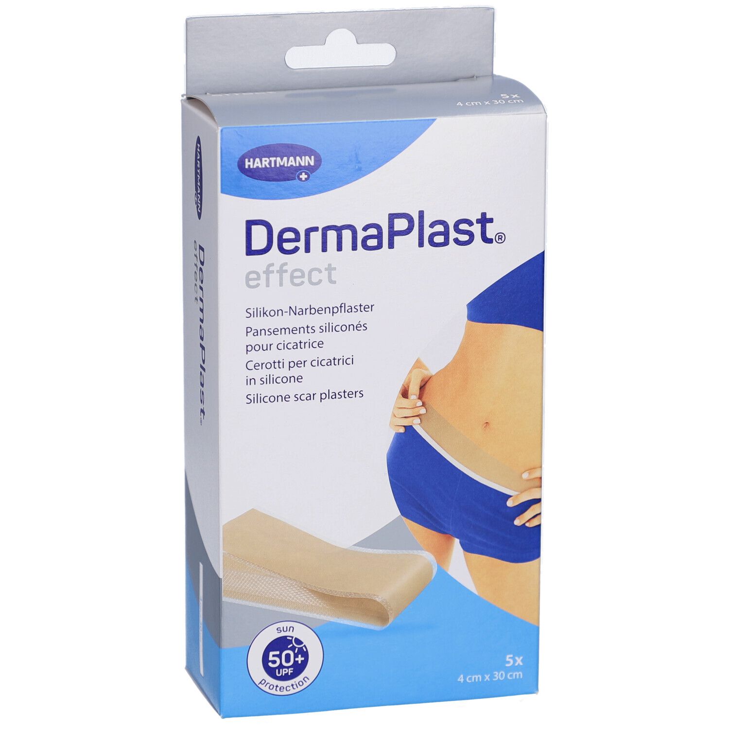 Verpackung von DermaPlast effect. Enthält Silikon-Narbenpflaster. Zeigt eine Frau mit Bauch. 5x 4 cm x 30 cm. Mit UV-Schutz.