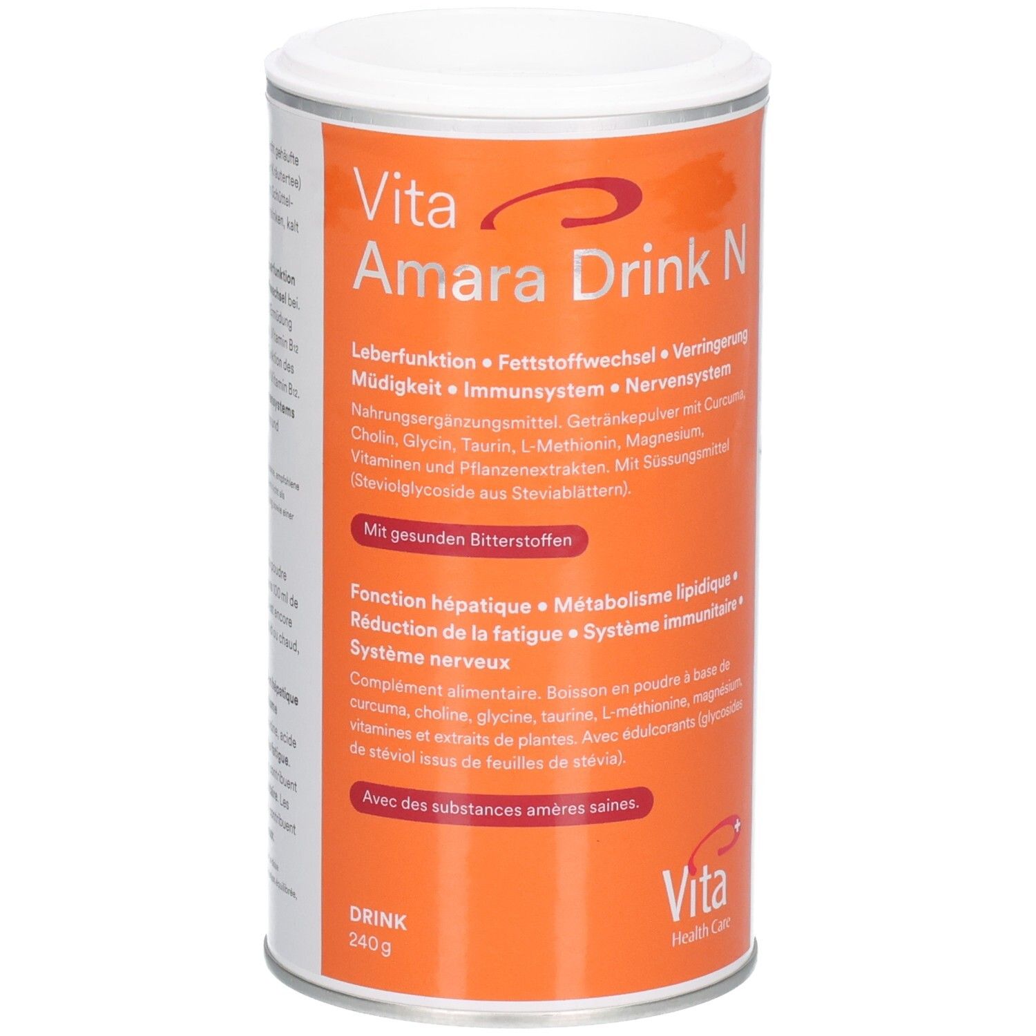 Zylindrische Dose mit Produktaufdruck. Orangefarbener Hintergrund mit weißer Schrift. Produktname: Vita Amara Drink N. 240g.