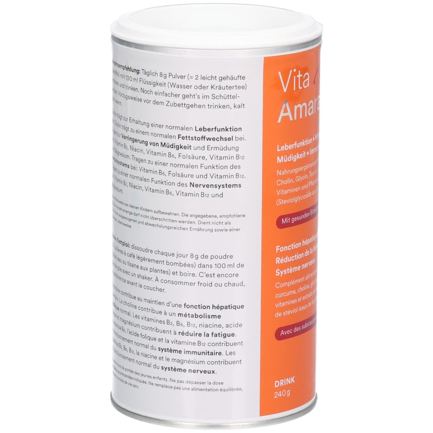 Zylindrische Dose. Text auf der Dose. Informationen zur Anwendung und Inhaltsstoffen. Weißer Hintergrund mit orangefarbener Schrift.