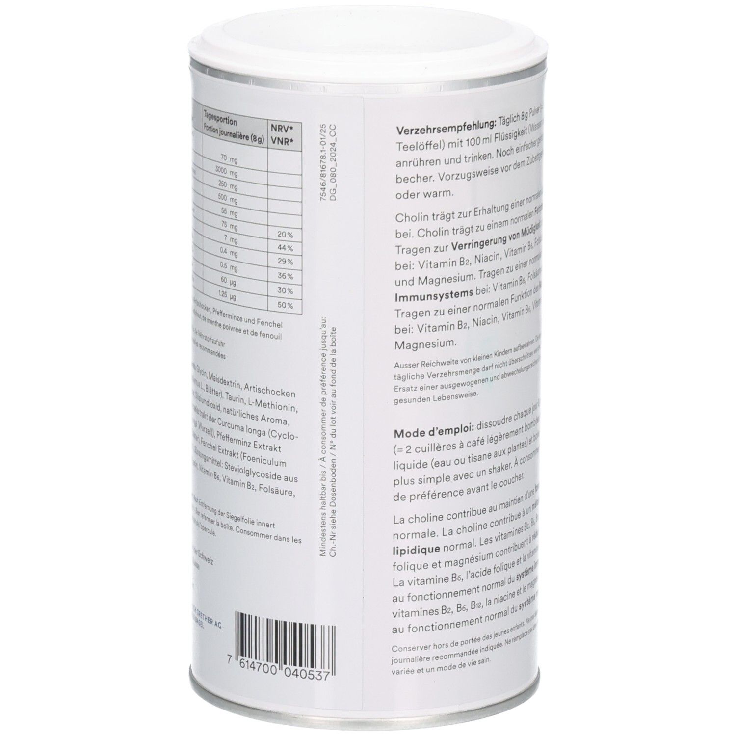 Zylindrische Dose. Text auf der Dose. Nährwerttabelle und Verzehrempfehlung. Weißer Hintergrund mit orangefarbener Schrift.