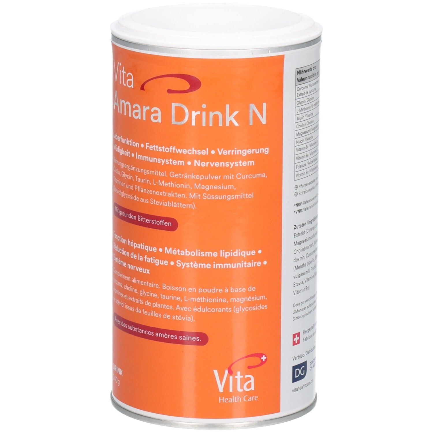 Zylindrische Dose. Produktname: Vita Amara Drink N. Orangefarbener Hintergrund mit weißer Schrift. Logo Vita Health Care.