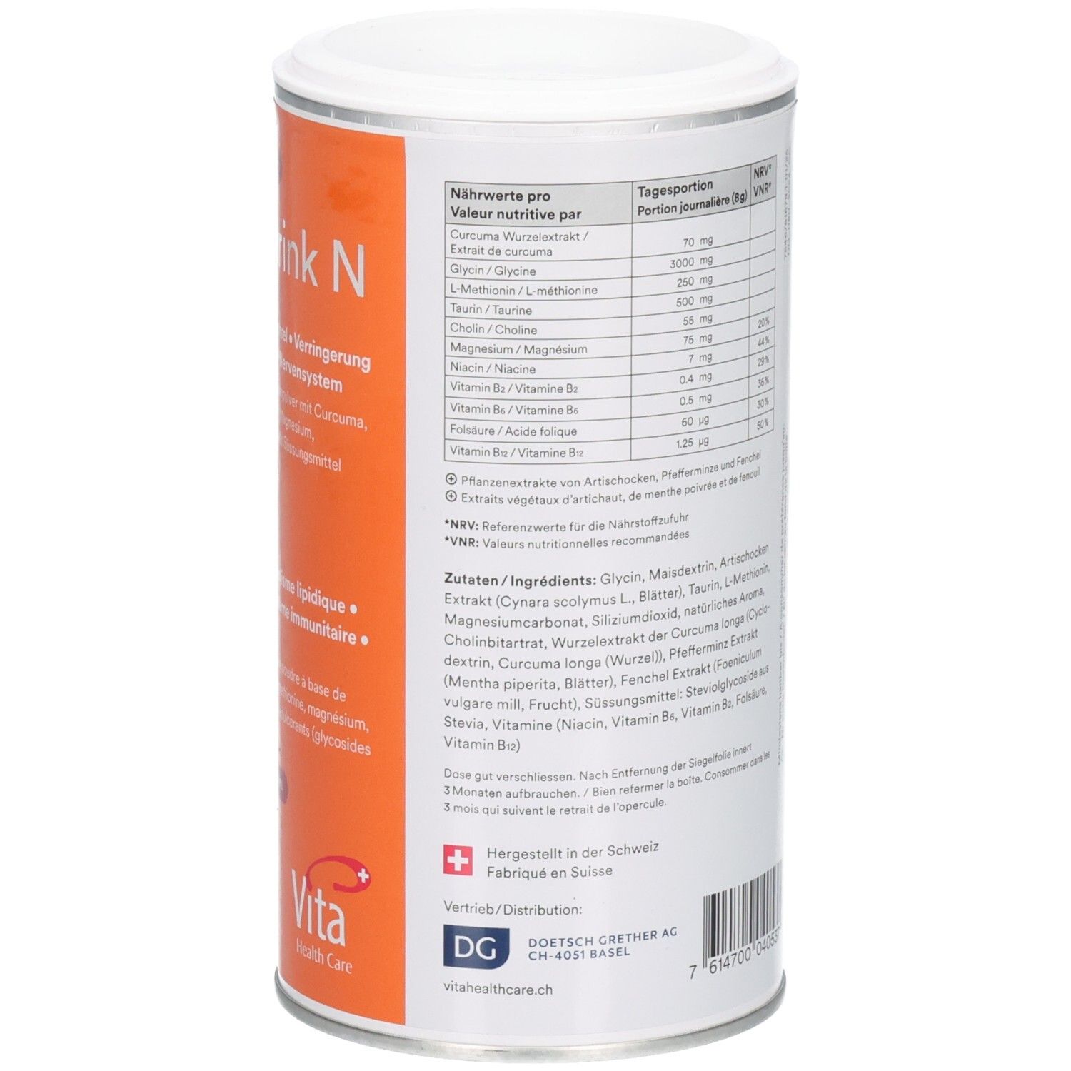 Zylindrische Dose. Nährwerttabelle und Inhaltsstoffe. Orangefarbener Hintergrund mit weißer Schrift. Logo Vita Health Care.