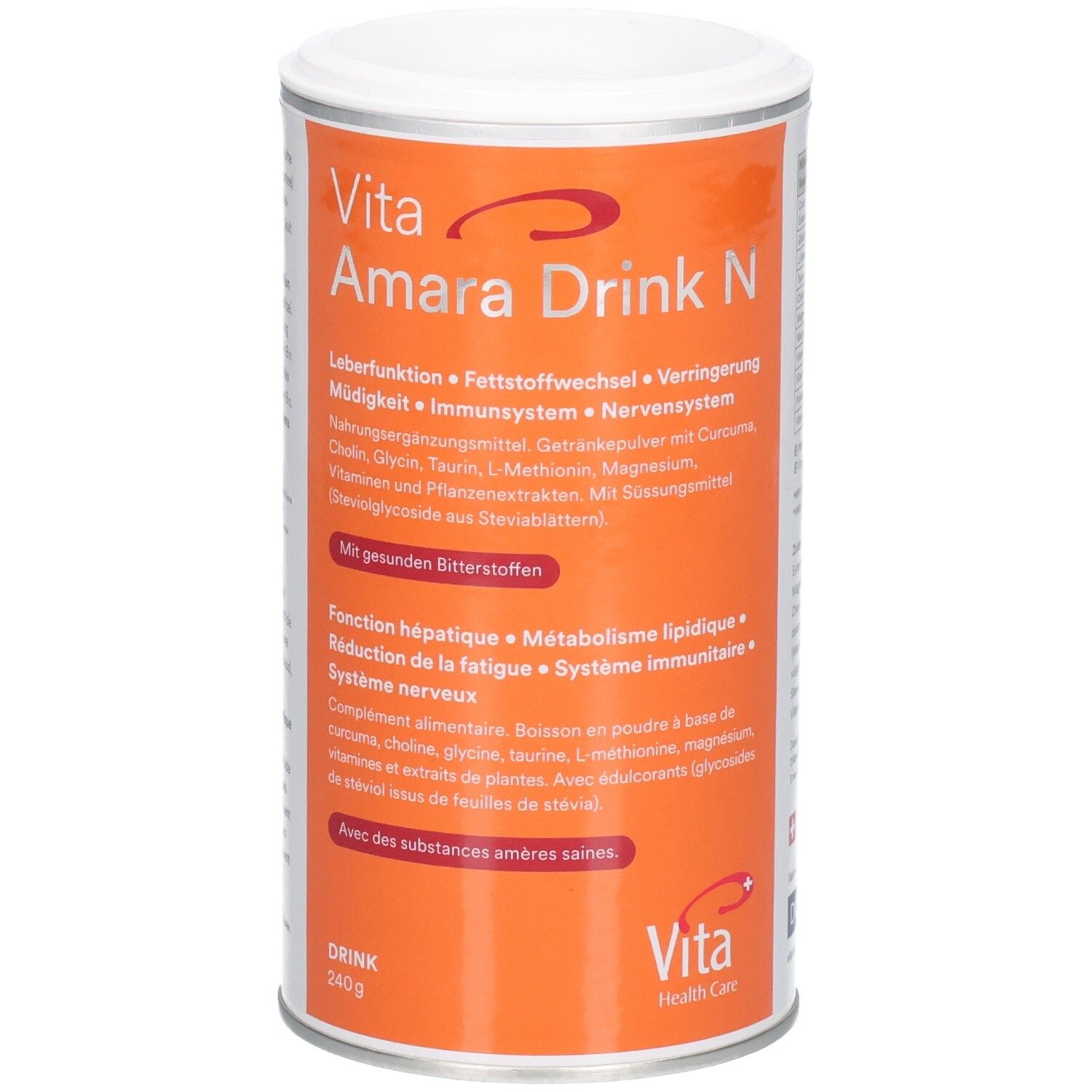 Zylindrische Dose mit Produktaufdruck. Orangefarbener Hintergrund mit weißer Schrift. Produktname: Vita Amara Drink N. 240g.