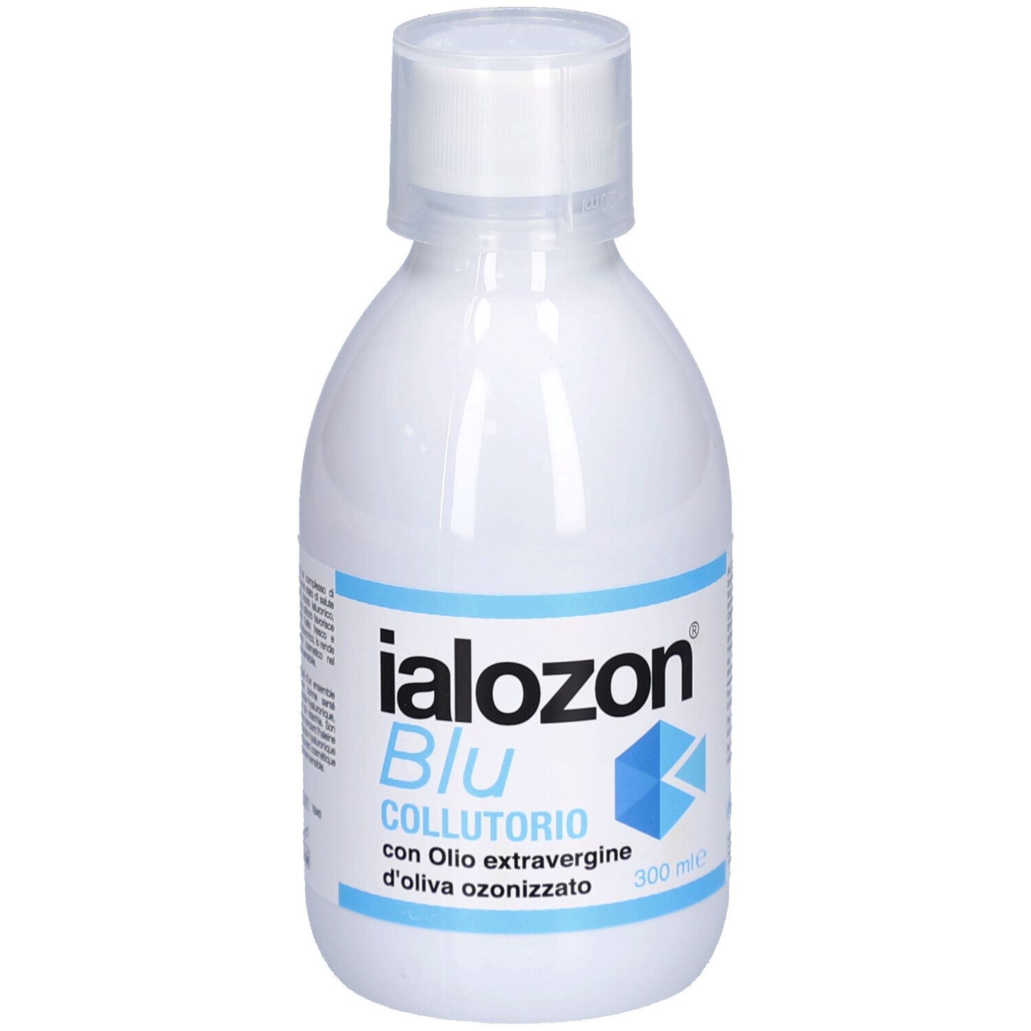 Flacon blanc avec étiquette bleue. Inscription: Ialozon Blu Collutorio. Avec huile d'olive ozonisée. Bouchon blanc.