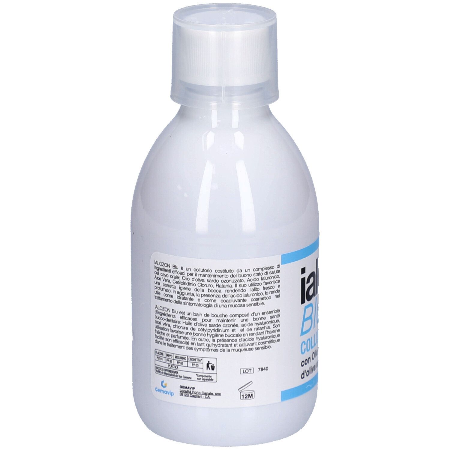 Flacon blanc avec texte au dos. Texte en italien. Contient des informations sur le produit et les ingrédients.