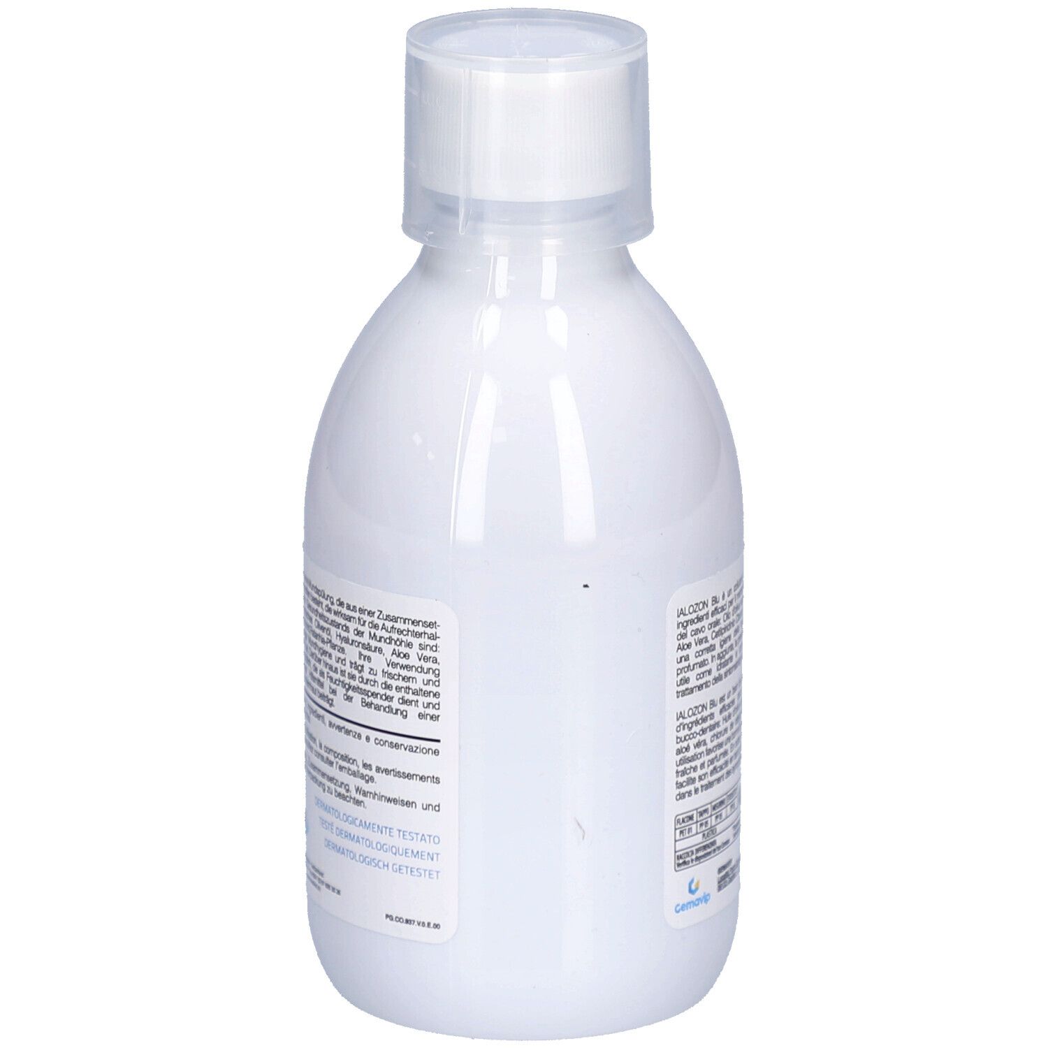 Flacon blanc avec texte au dos. Texte en italien. Contient des informations sur le produit et les ingrédients.