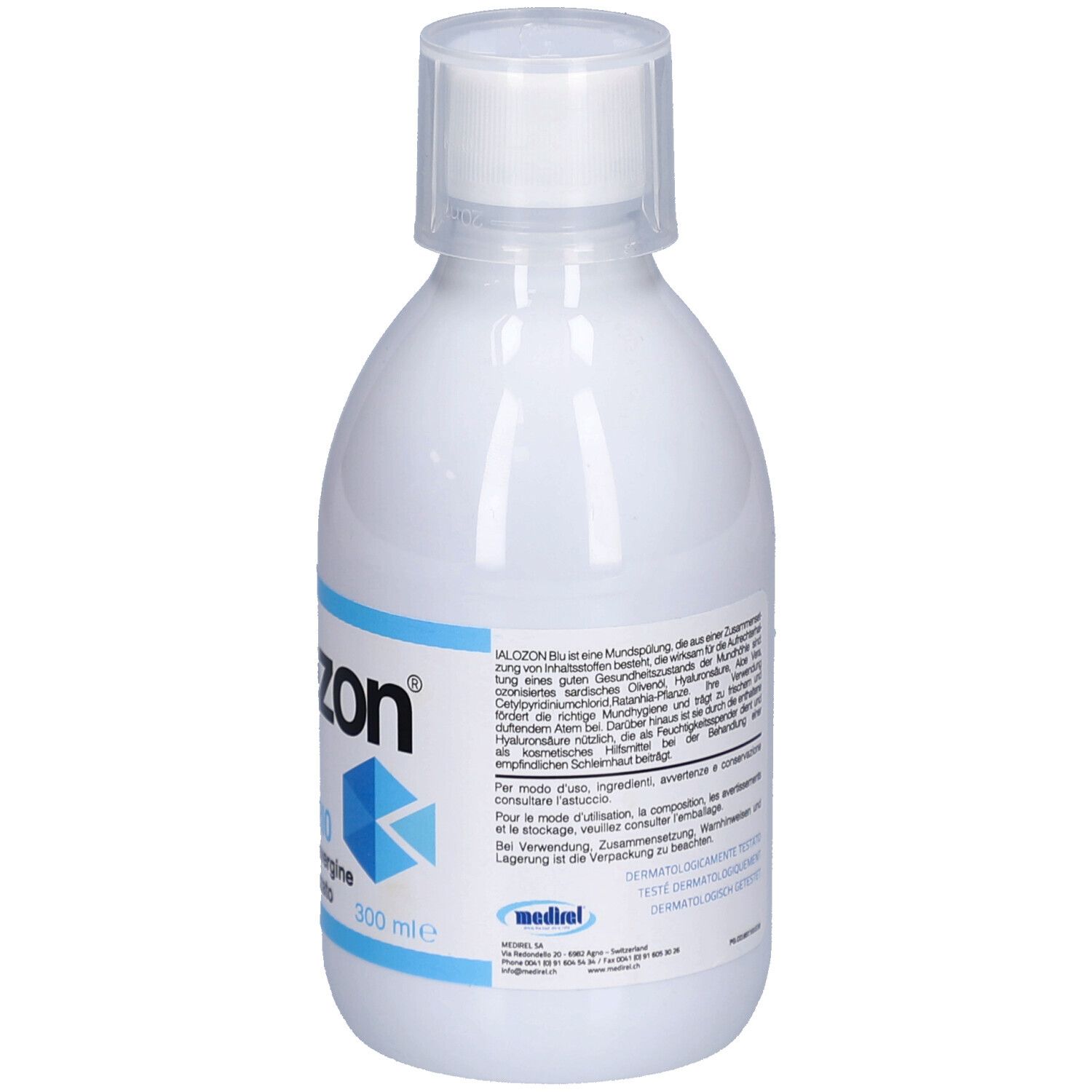 Flacon blanc avec texte au dos. Texte en allemand. Contient des informations sur le produit et les ingrédients.