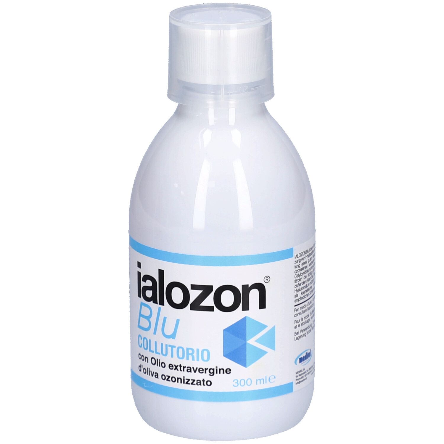 Flacon blanc avec étiquette bleue. Inscription: Ialozon Blu Collutorio. Avec huile d'olive ozonisée. Bouchon blanc.