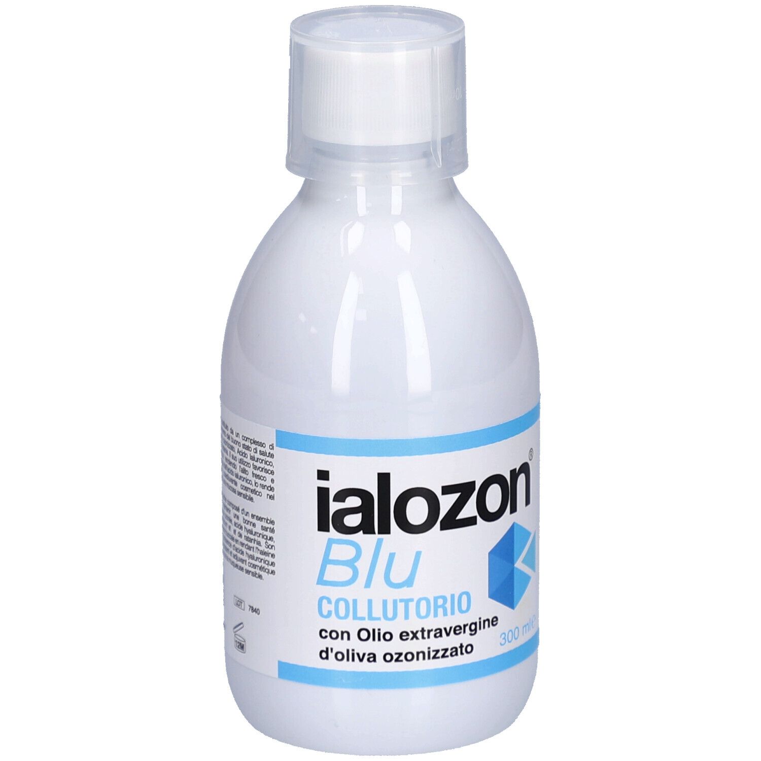 Flacon blanc avec étiquette bleue. Inscription: Ialozon Blu Collutorio. Avec huile d'olive ozonisée. Bouchon blanc.