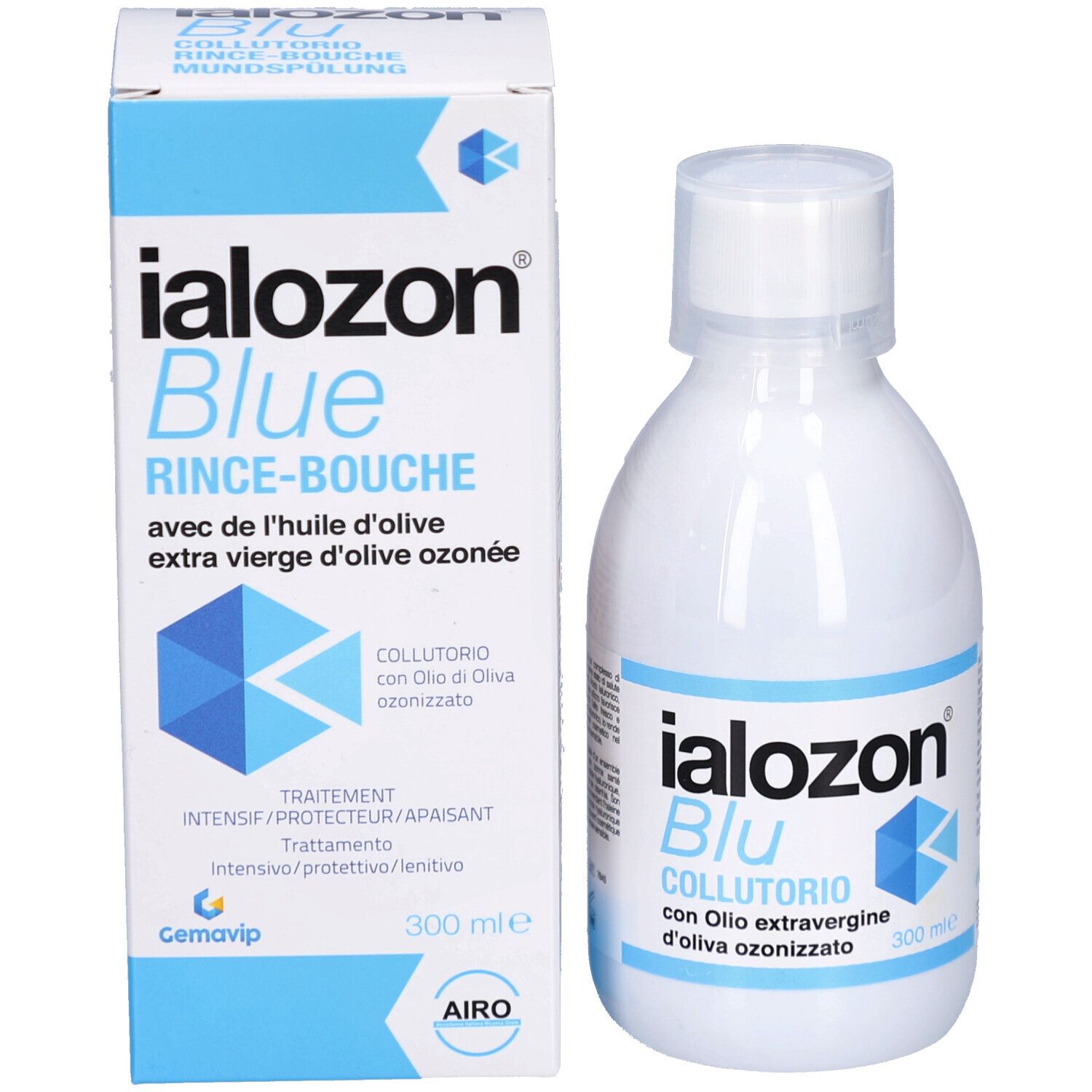 Emballage et flacon. Inscription: Ialozon Blue Rince-Bouche. Avec huile d'olive ozonée. Couleurs bleu et blanc.