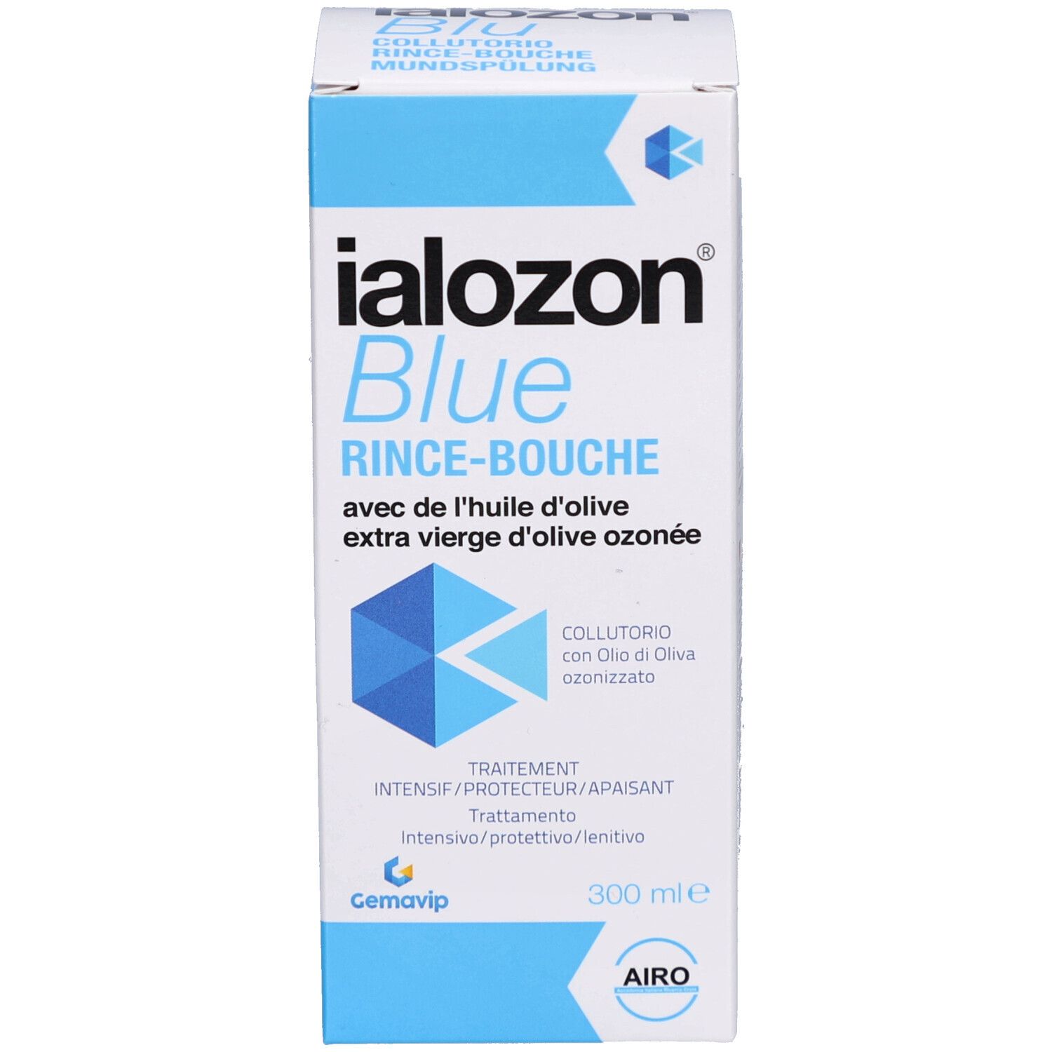 Emballage du produit. Inscription: Ialozon Blue Rince-Bouche. Avec huile d'olive ozonée. Couleurs bleu et blanc.