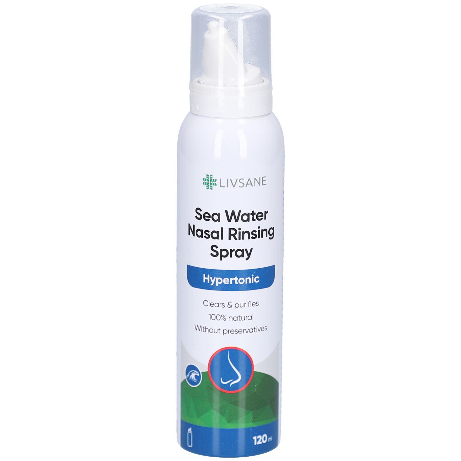 Weißes Nasenspray mit Sprühkopf. Aufschrift: LIVSANE, Sea Water Nasal Rinsing Spray, Hypertonic. 120 ml.
