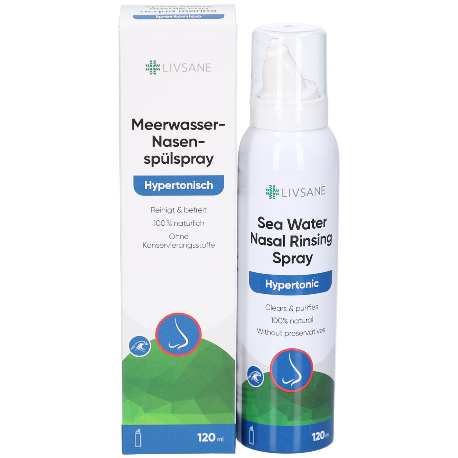 Nasenspray und Verpackung. Aufschrift: Meerwasser-Nasenspülspray, Hypertonisch. LIVSANE Logo. 120 ml.