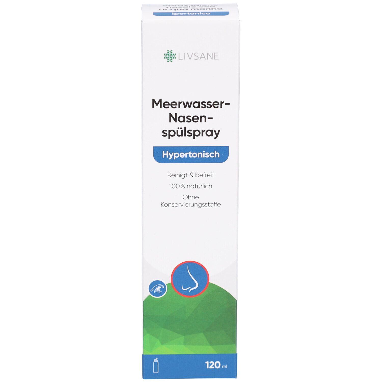 Verpackung. Aufschrift: Meerwasser-Nasenspülspray, Hypertonisch. LIVSANE Logo. 120 ml.