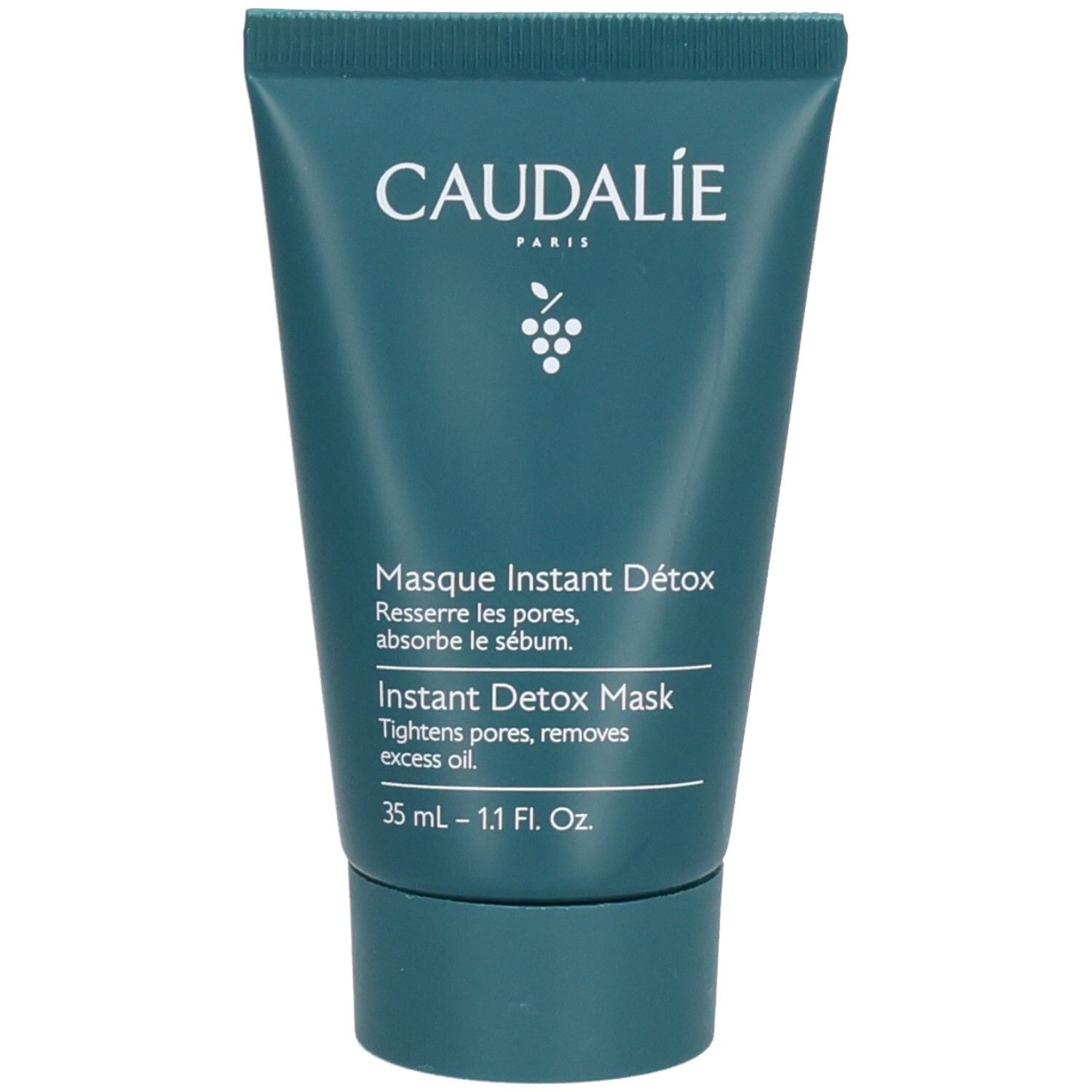 Tube verte avec logo CAUDALIE blanc et nom du produit. Texte: Masque Instant Détox. 35 ml.