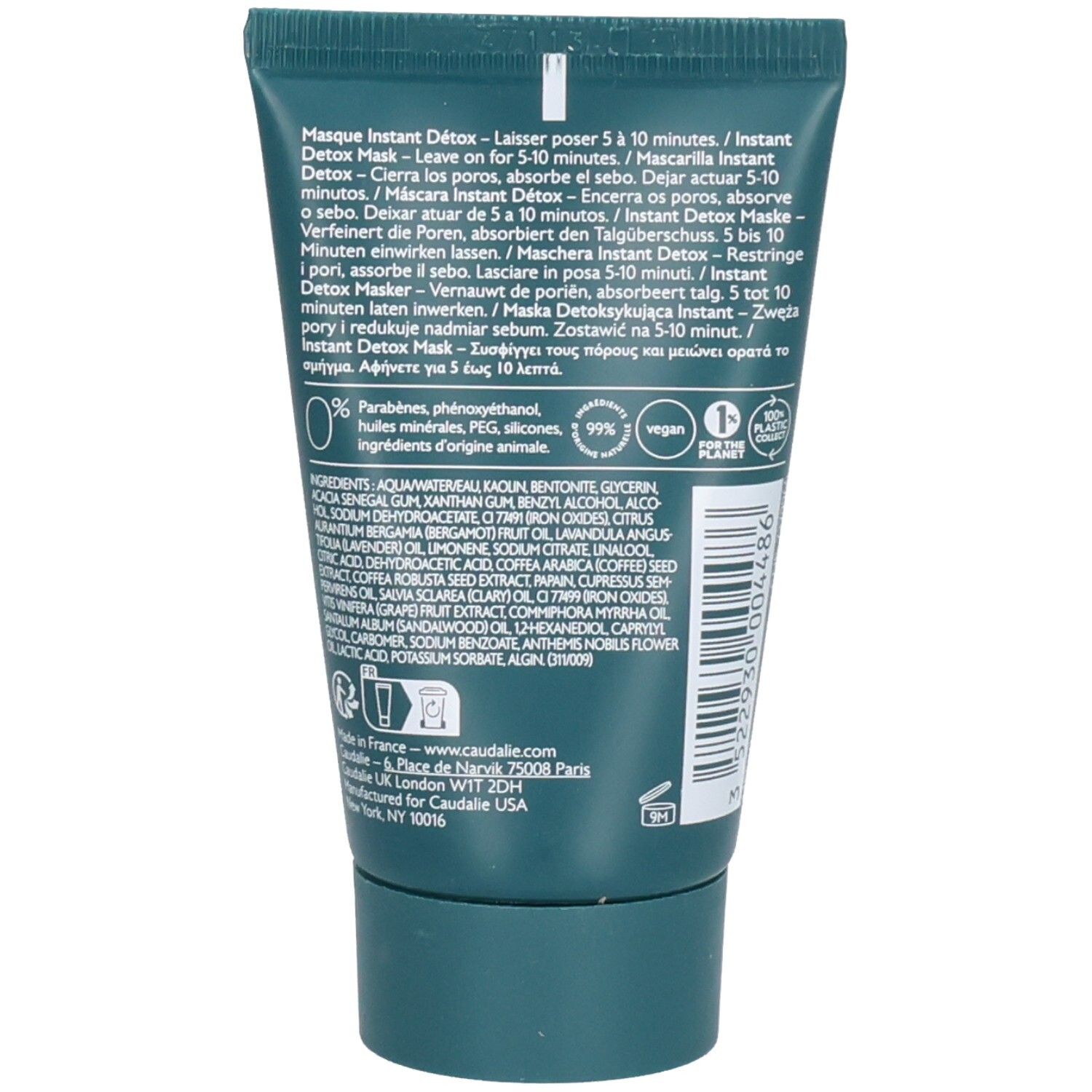Dos du tube vert. Texte: Masque Instant Détox. Ingrédients, certifications, adresse du fabricant.