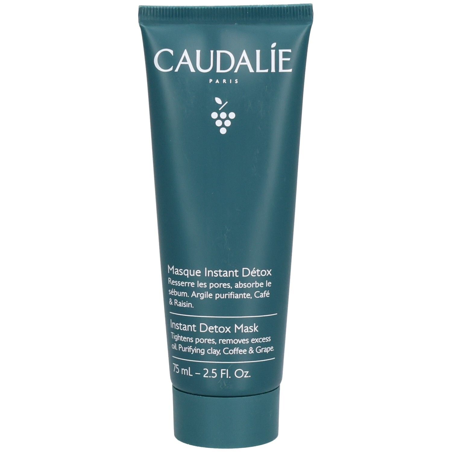 Grüne Tube mit weißem Schriftzug CAUDALIE. Produktname: Masque Instant Détox. Enthält Trauben-Symbol. 75 ml.