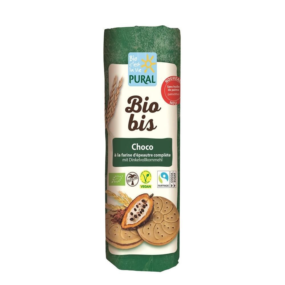 PURAL Biobis Choco Kekse in grüner Verpackung mit Produktabbildung und Bio-Siegeln.