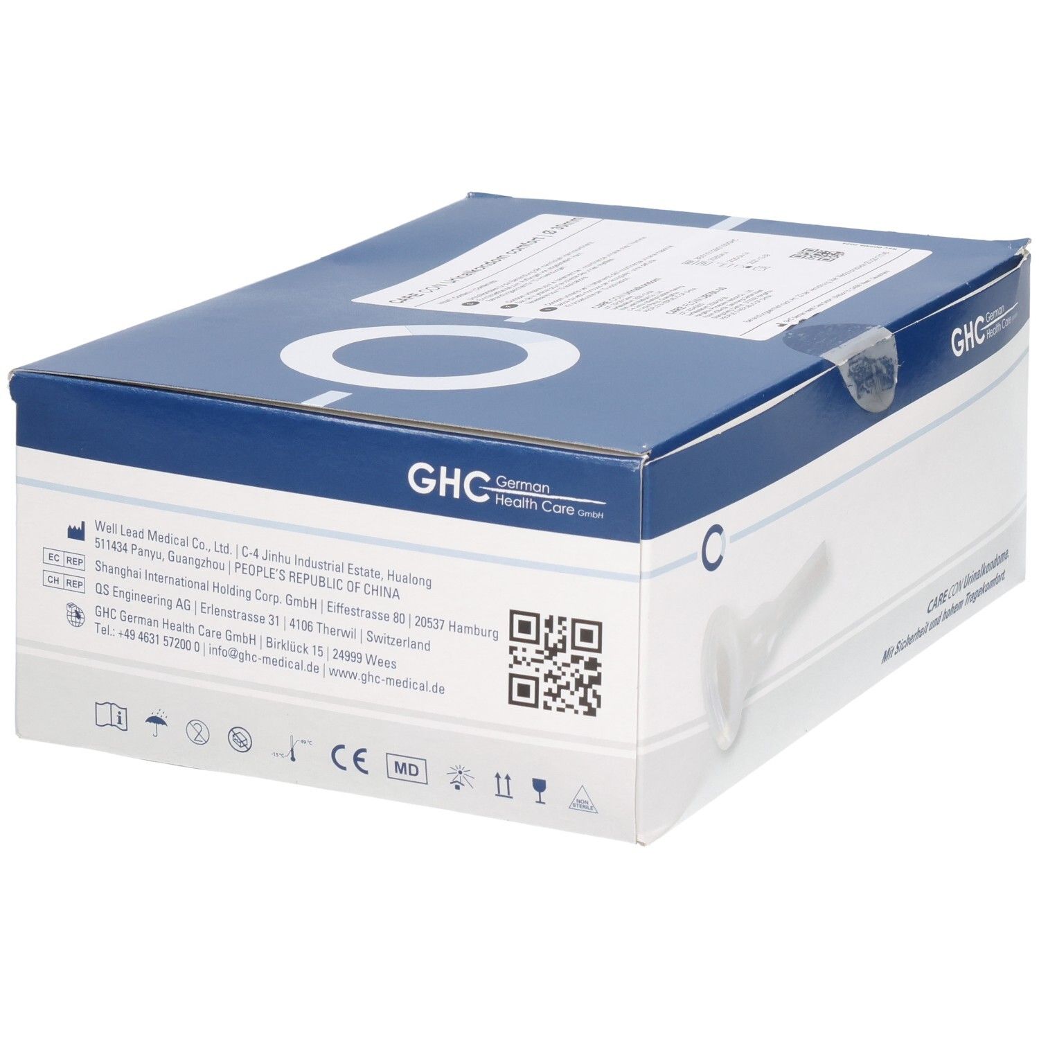 Boîte de GHC CARE CON. Emballage bleu et blanc avec image du produit. Code QR et marquage CE.