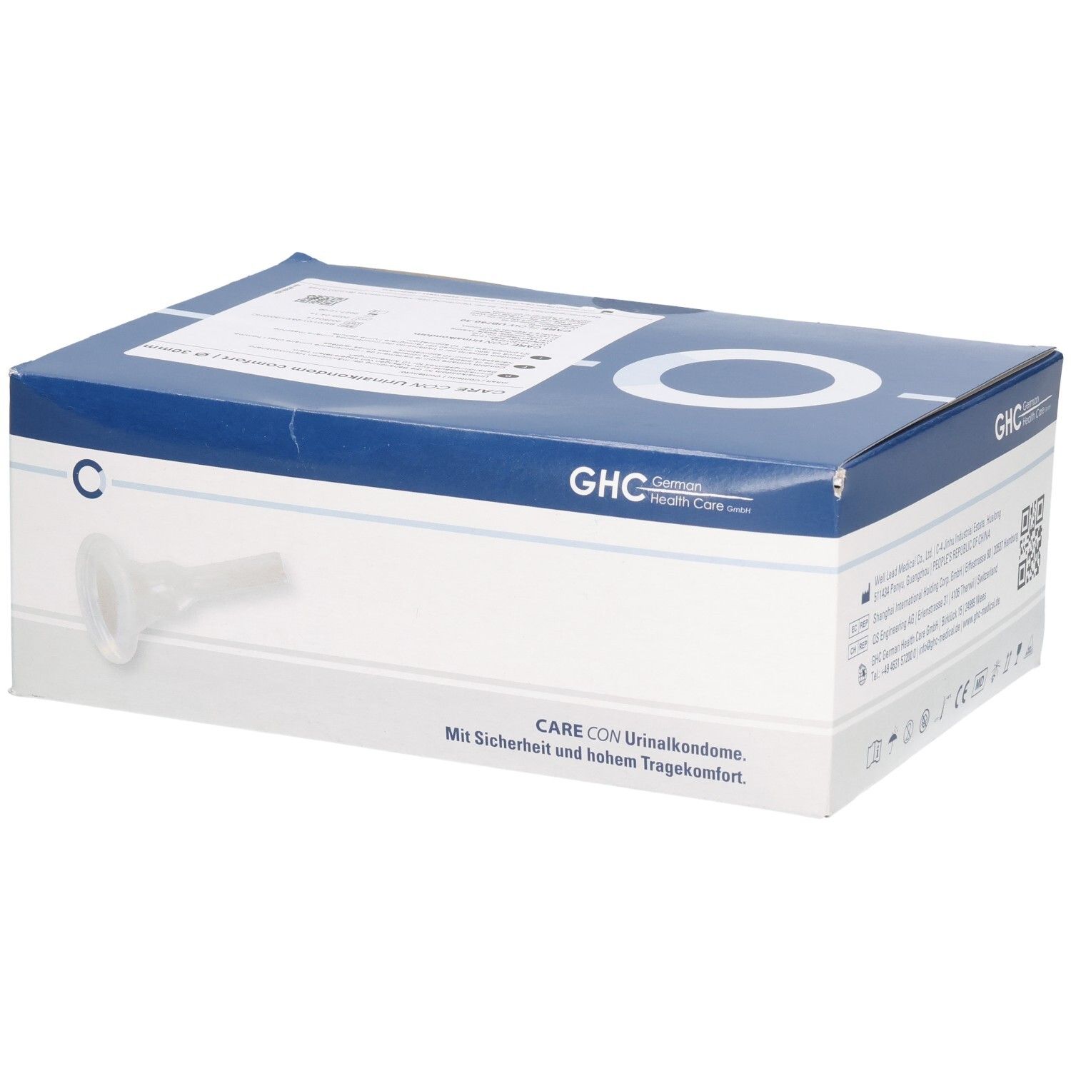 Boîte de GHC CARE CON. Emballage bleu et blanc avec image du produit. Texte: Mit Sicherheit und hohem Tragekomfort.