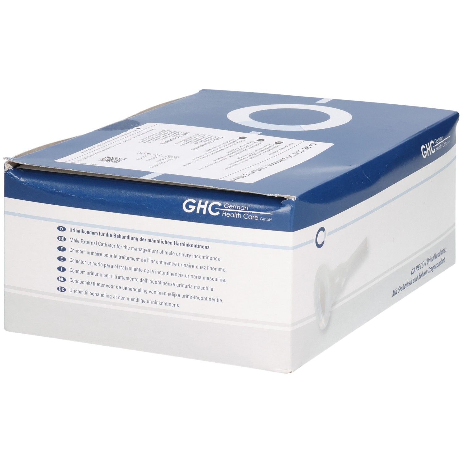 Boîte de GHC CARE CON. Emballage bleu et blanc avec image du produit. Texte: Pour le traitement de l'incontinence urinaire masculine.