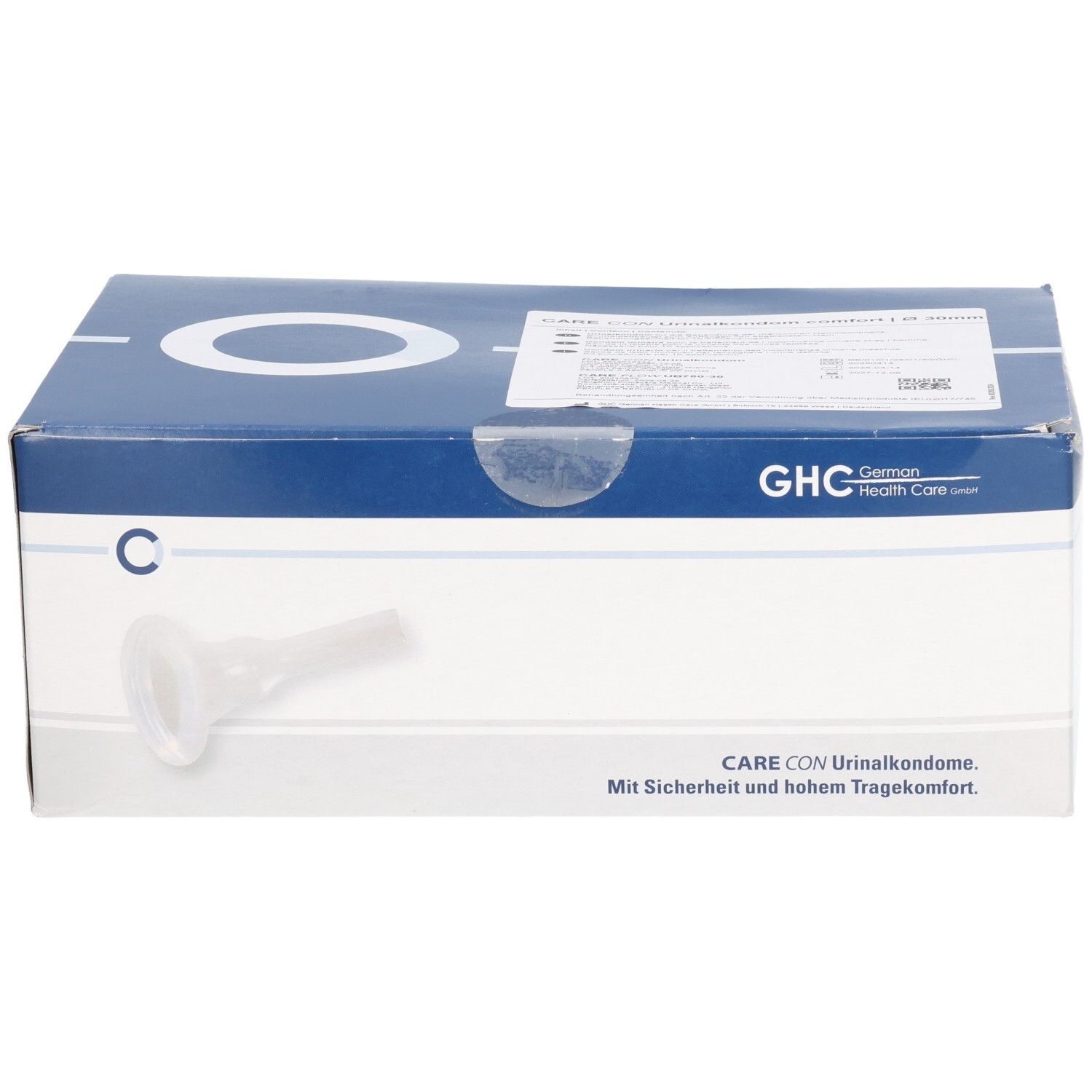 Boîte de GHC CARE CON. Emballage bleu et blanc avec image du produit. Texte: CARE CON Urinalkondome. Mit Sicherheit und hohem Tragekomfort.