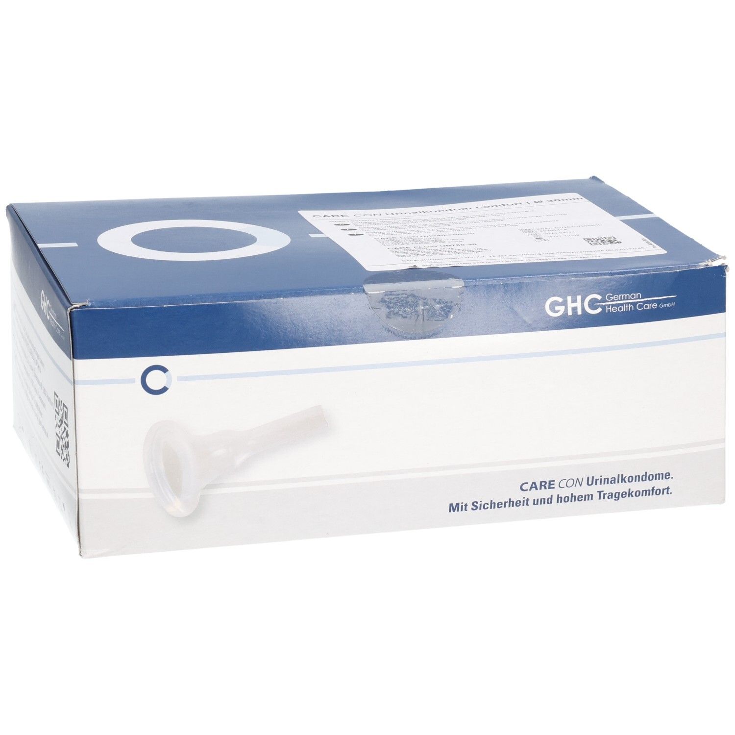 Boîte de GHC CARE CON. Emballage bleu et blanc avec image du produit. Texte: CARE CON Urinalkondome. Mit Sicherheit und hohem Tragekomfort.