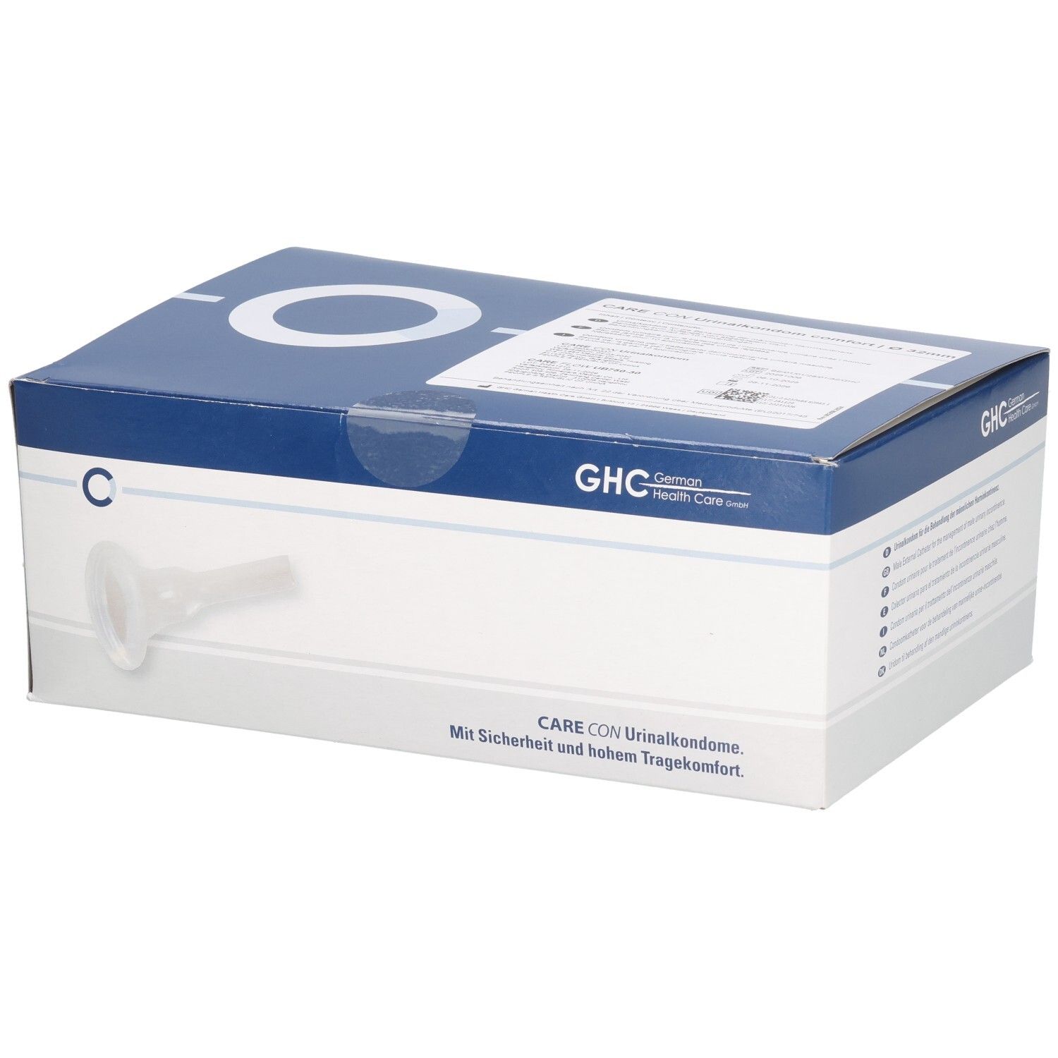 Boîte GHC CARE CON. Carton blanc et bleu avec image du produit et texte. Fenêtre transparente.