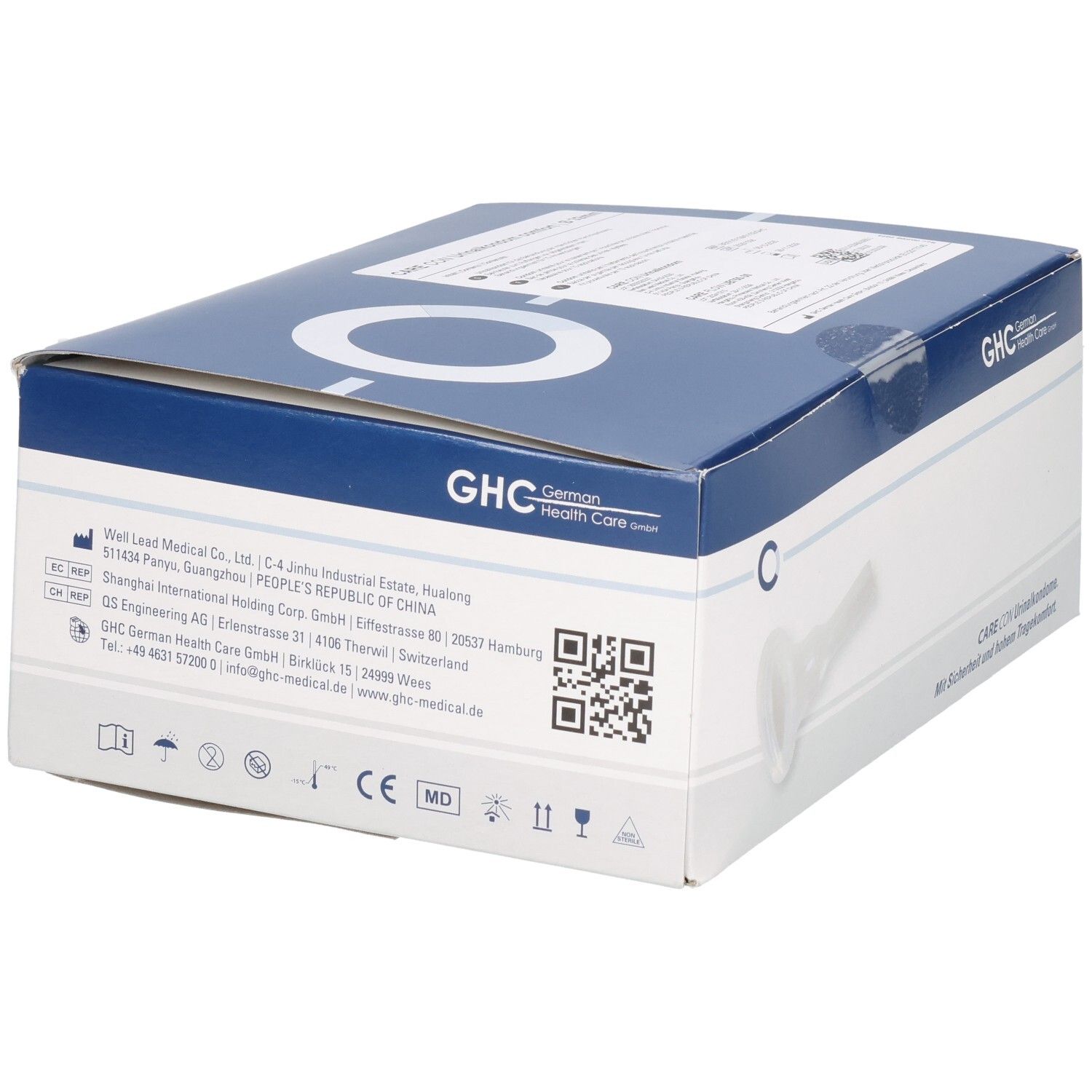 Dos de l'emballage GHC CARE CON. Texte, code QR, marquage CE et informations fabricant sur carton blanc.